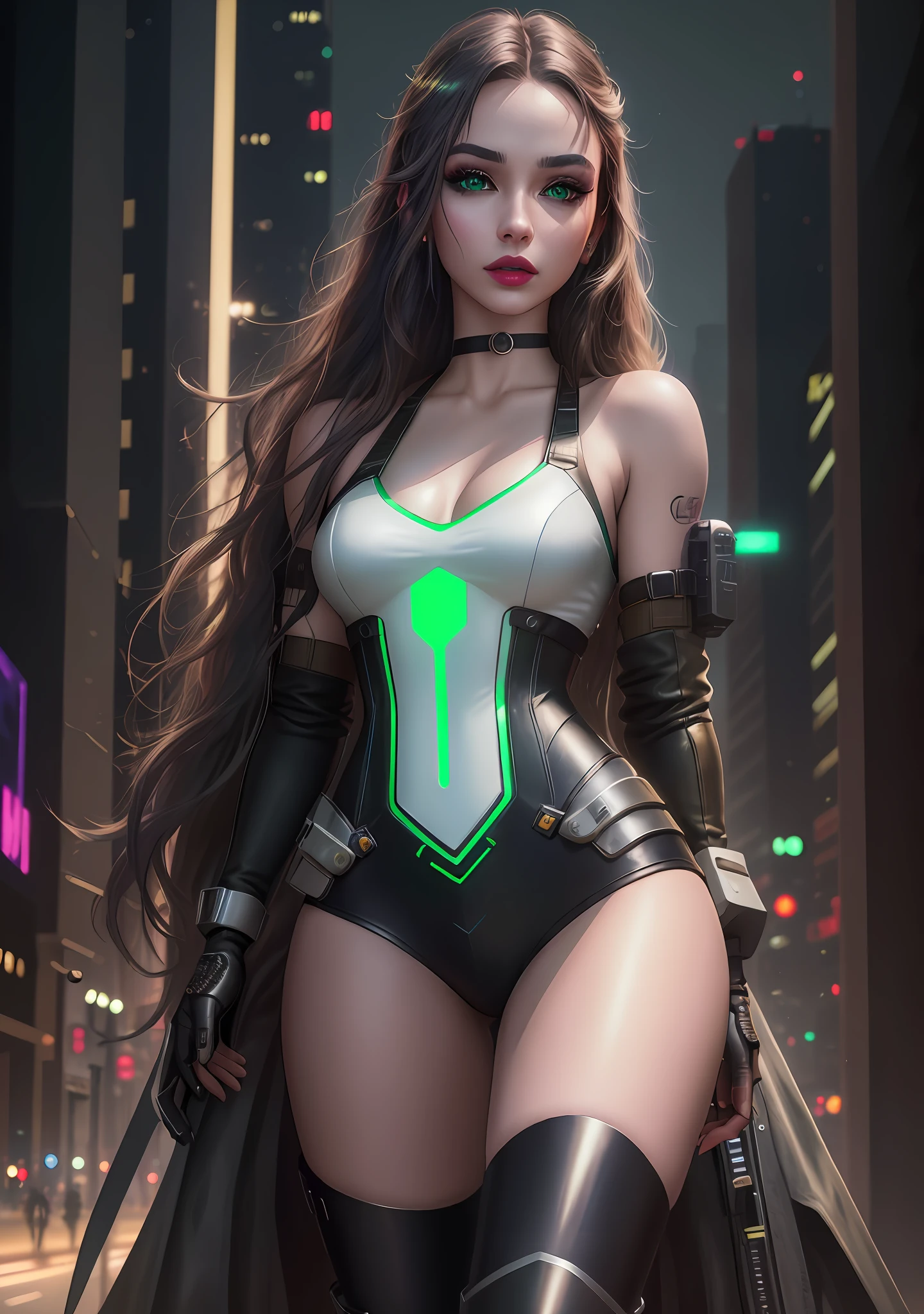(cyberpunk theme), 1 woman hacking a device (green eyes, white skin, long dark wavy hair, choker, small breasts, lipstick, makeup, eyeliner) , wearing a one-piece cyber armor, cyber-metalic gloves and boots, in a cyberpunk city at night, (masterpiece, best quality, 8k, sharp focus, depth of field, best shadows, perfect lights, HDR, realistic skin texture, ultra-detailed and detailed background), wideshot