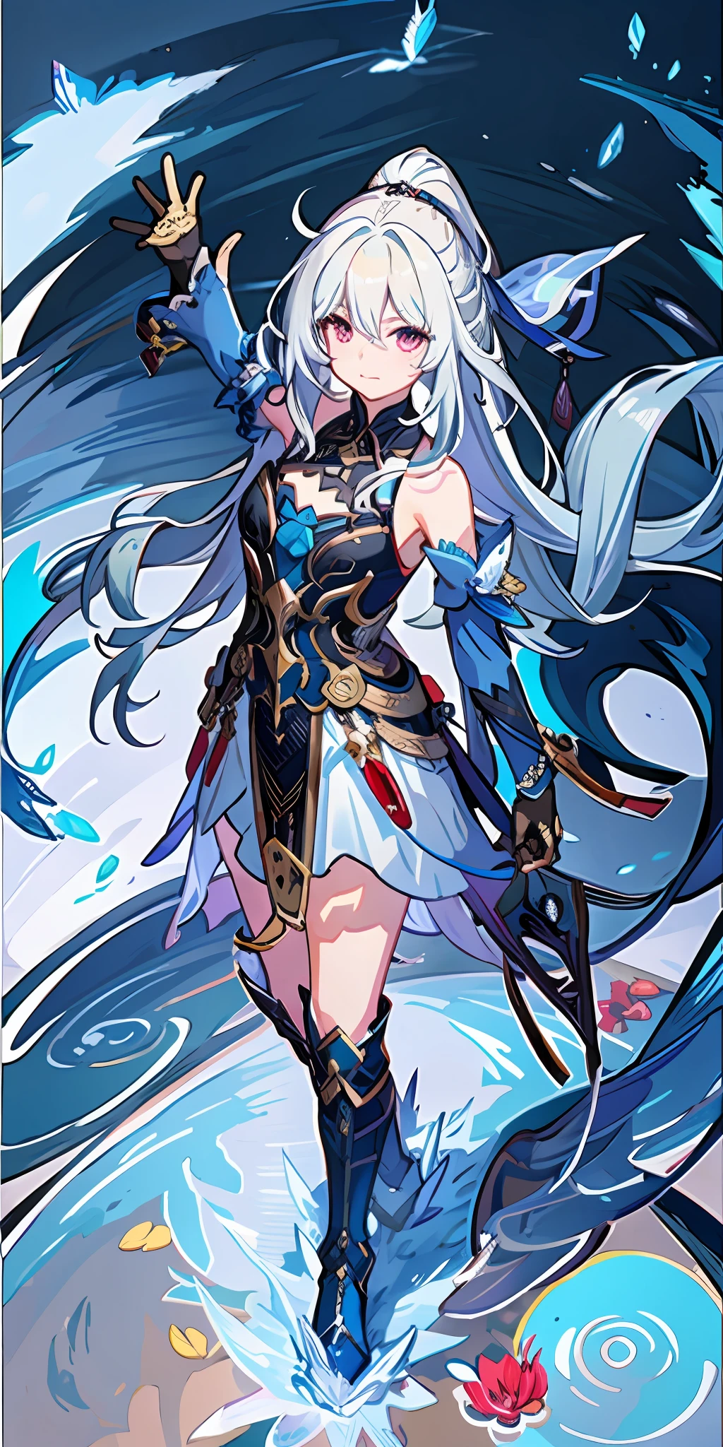 masterpiece, best quality, JingliuV4, 1girl, solo, looking at viewer, closed mouth, gloves, dress, black gloves, detached sleeves, hands behind back,