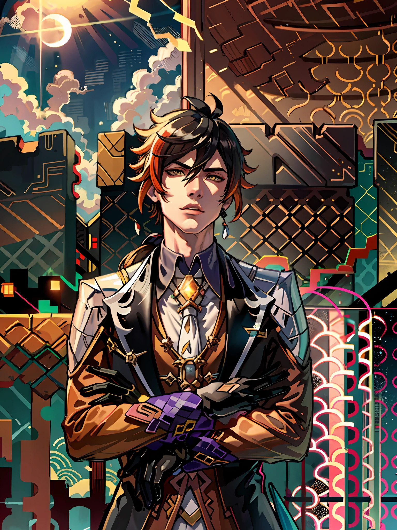 masterpiece, best quality, zhongli (genshin impact), male focus, jewelry, long hair, 1boy, solo, earrings, bangs, gloves, ponytail, black gloves, multicolored hair, brown hair, detailed hair, hair between eyes ,simple background, single earring, thumb ring, jacket, tassel earrings, long sleeves, arms crossed, alpha pose, tassel, cloud, formal, yellow pupils, detailed eyes, floating object, clouds, godly background, dark background, gradient hair, suit, black hair, cloudy sky,(kbxll:0.6), anime style