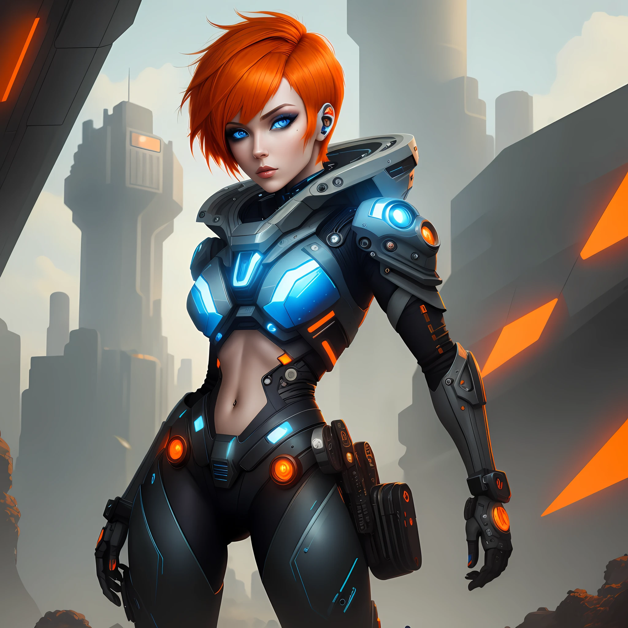 beautiful Cyborg girl, short orange hair, blue eyes, futuristic scenery, Ink Punk, leaf turning model, full color, front view, 4k