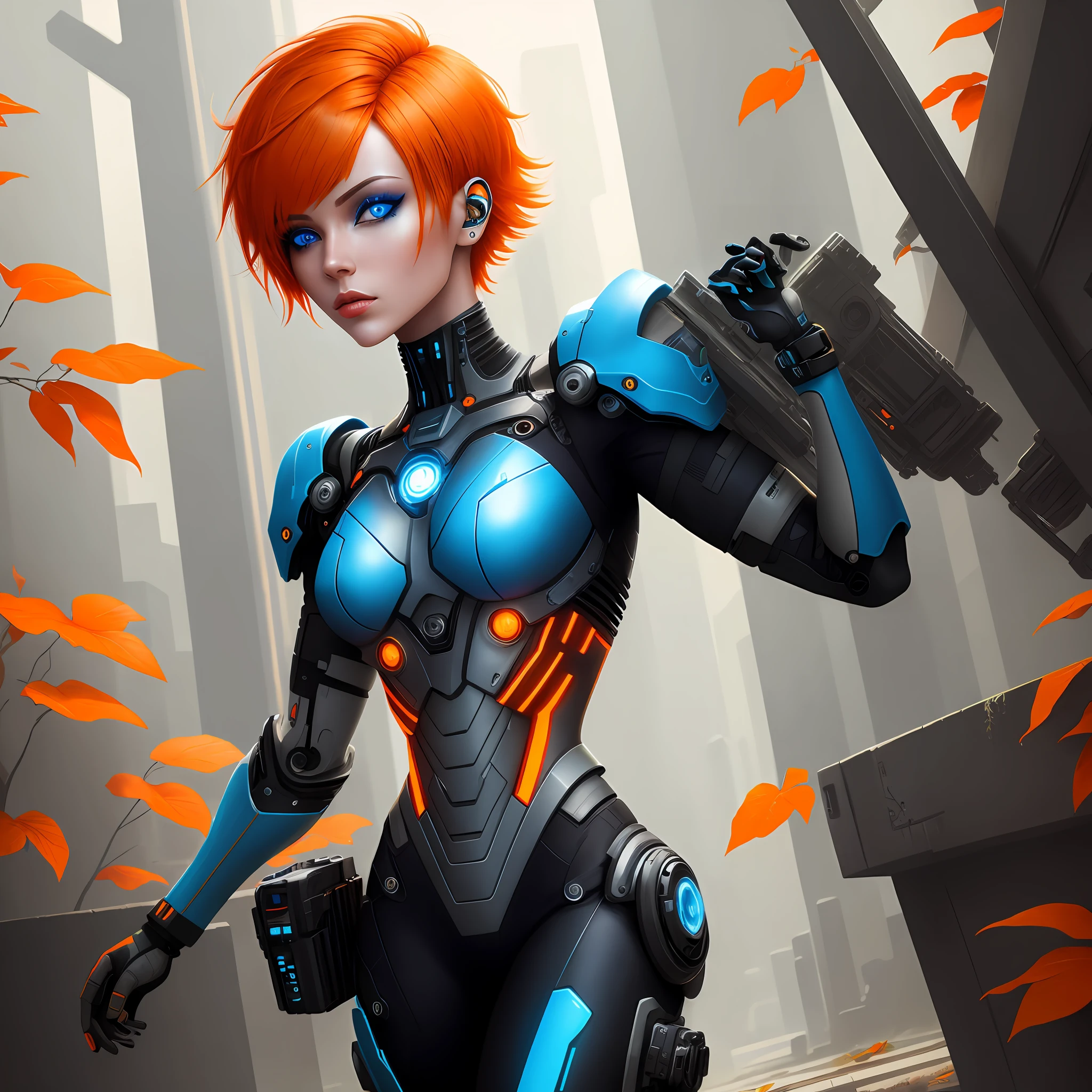 beautiful Cyborg girl, short orange hair, blue eyes, futuristic scenery, Ink Punk, leaf turning model, full color, front view, 4k