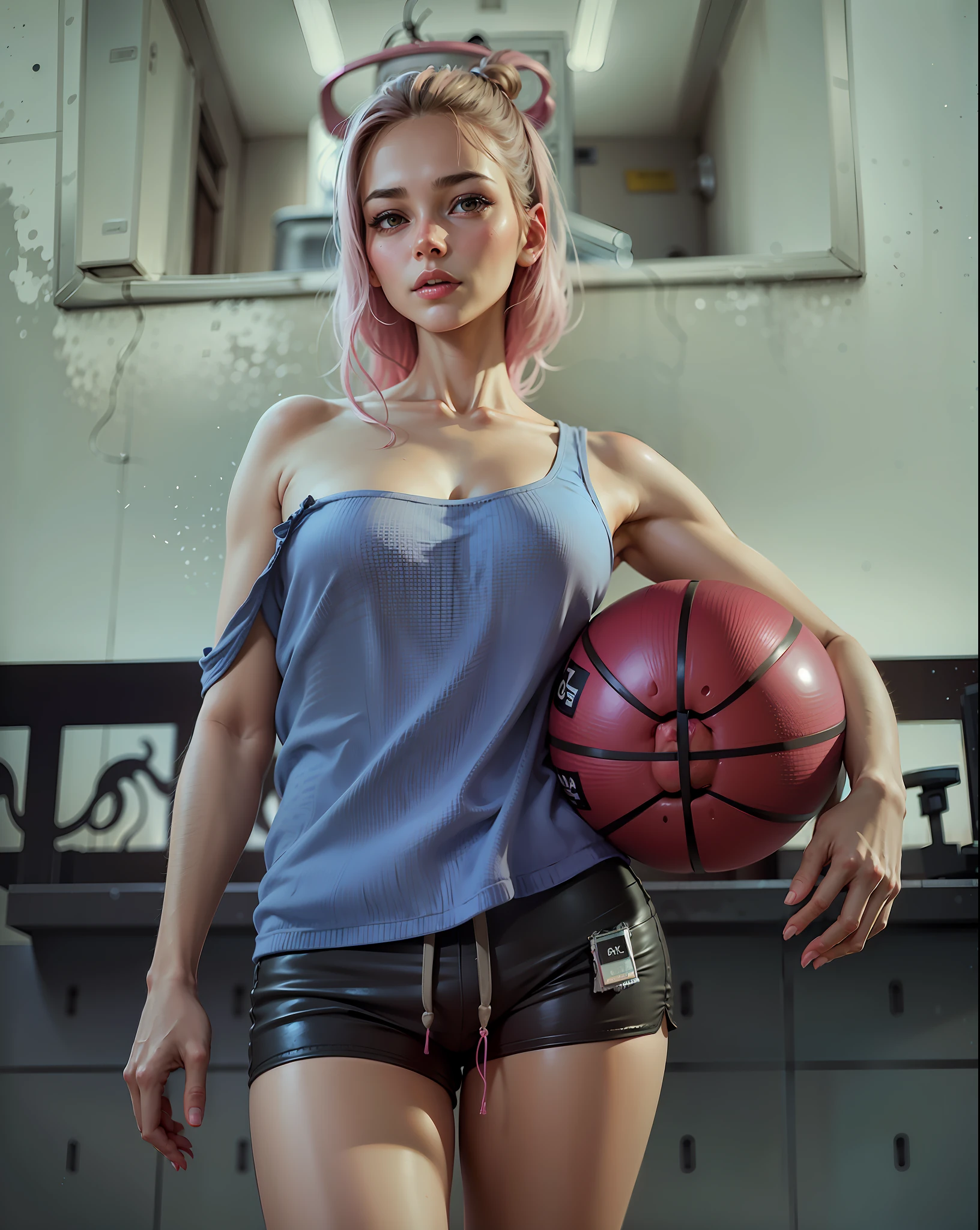 ((realistic face, seductive, adult look)), (pink pink shirt, black underwear, short clothes), (pink long hair), (28 years), (1 girl), (4k style))