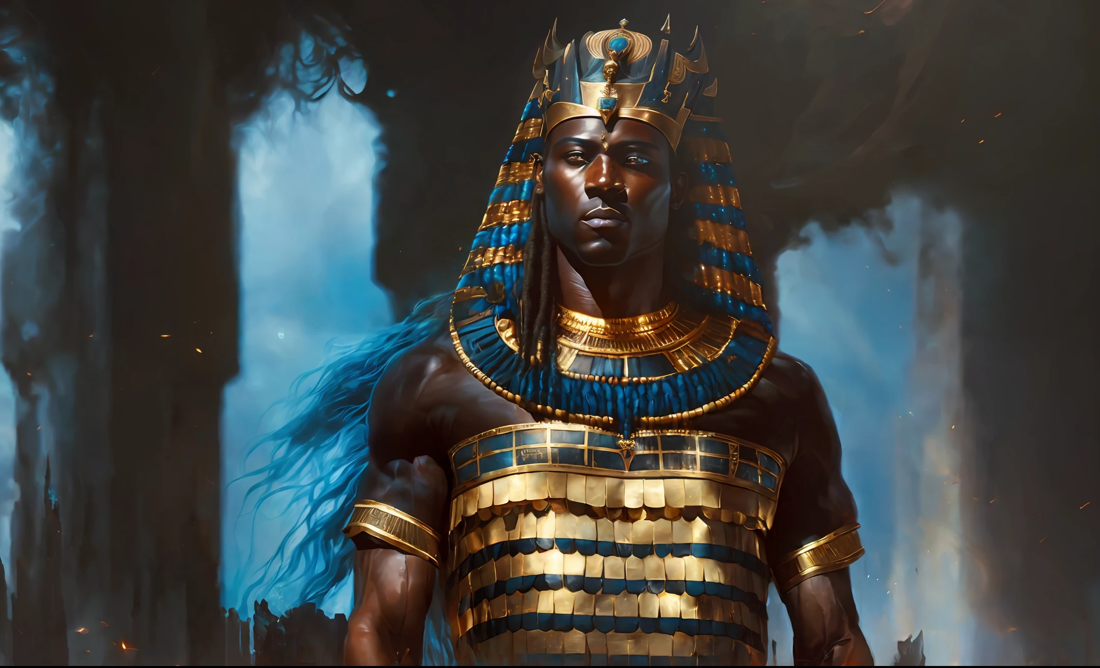 Highly (dynamic:1.2) scene art detailed (rutkowski:1.2) ((pharaoh crown of ramses)), handsome, (dark skin:1.5), ((long woven dreadlocks)) ((muscular)), (fantastic amazing decoration:1.2), abstract beauty, explosive volumetric, Delightful anatomy, (fantastic god perfect art, 64k ultra hd:1.1), (art by apterus, art by dan mumford:1.2)