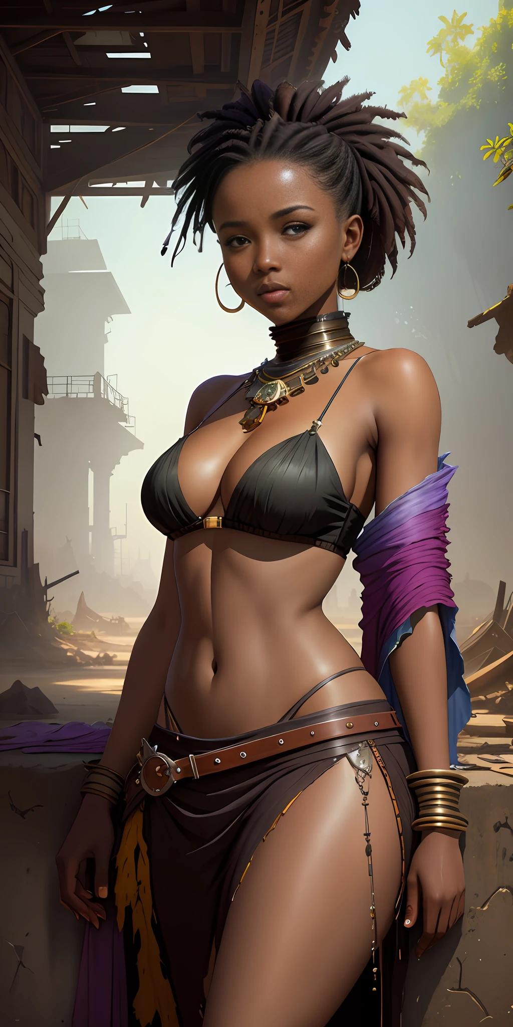 a young African woman: Kingdoms and Ruins; Tattered Pirate Legends; Faded melancholy fantasies; ((full length)), Infinite Details in Decay; High focus extravagance; Elegance has disappeared amid the rust; Fragments of a worn legacy; Artistic Nostalgia in the Transitions of the Imagination Capricious Resilience; Complex Textures, 8k resolution concept art portrait by Greg Rutkowski Artgerm WLOP Alphonse Beeple Caravaggio, soft colors, watercolor style, by GIlSampaio, octane rendering, 8k, ultra high definition, trends in artstation, by artgerm, h. r. giger and beksins - Super-Detailed GS studio.