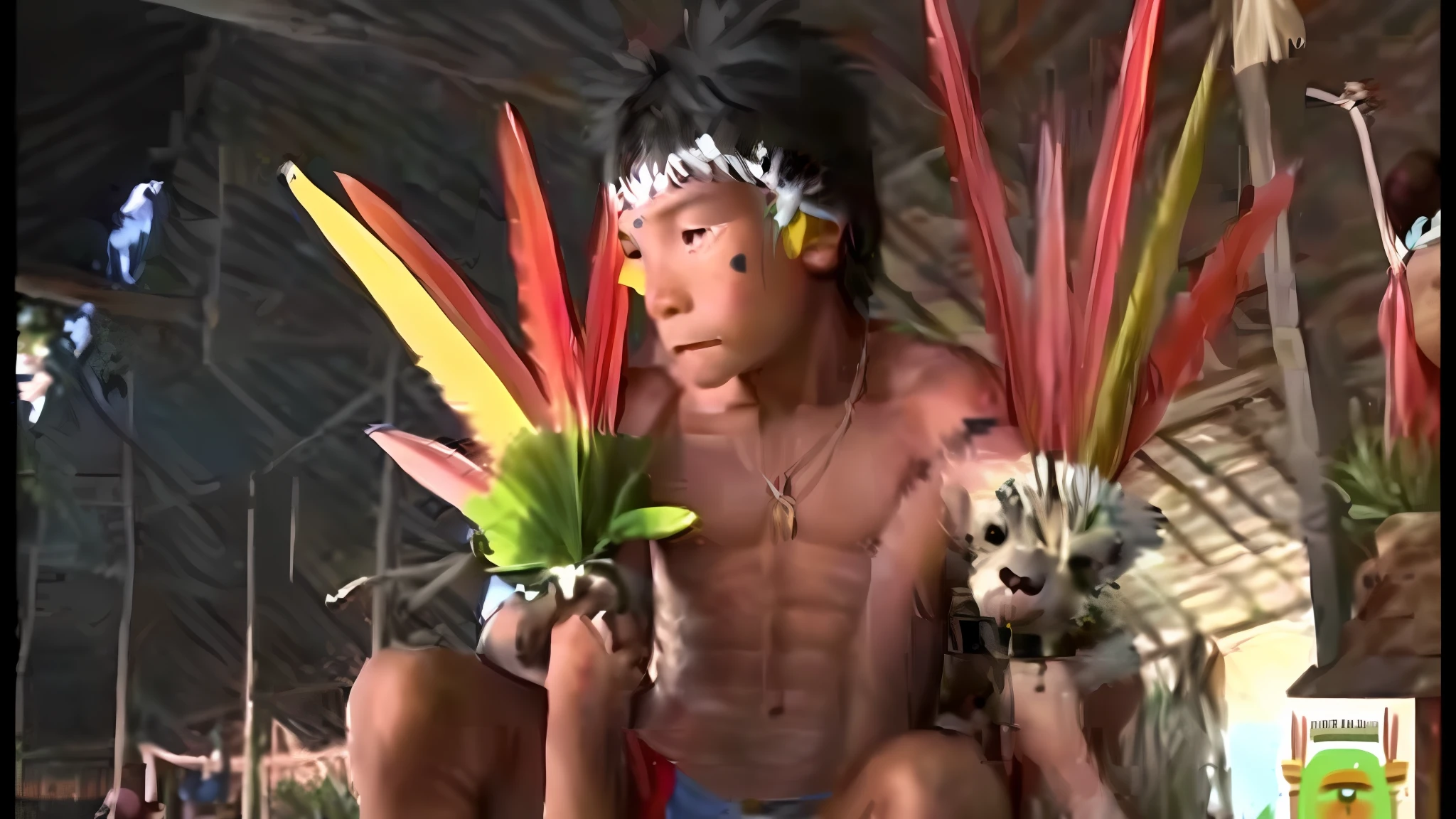 An indigenous little boy, native to the Yanomami tribe, with indigenous bird feather adornments on his arms, shirtless, accompanied by his adorable puppy, enjoying an adorable spring walk surrounded by beautiful yellow flowers and natural landscapes. The illustration is in high definition in 4k resolution, with highly detailed facial features and cartoon-style visuals.