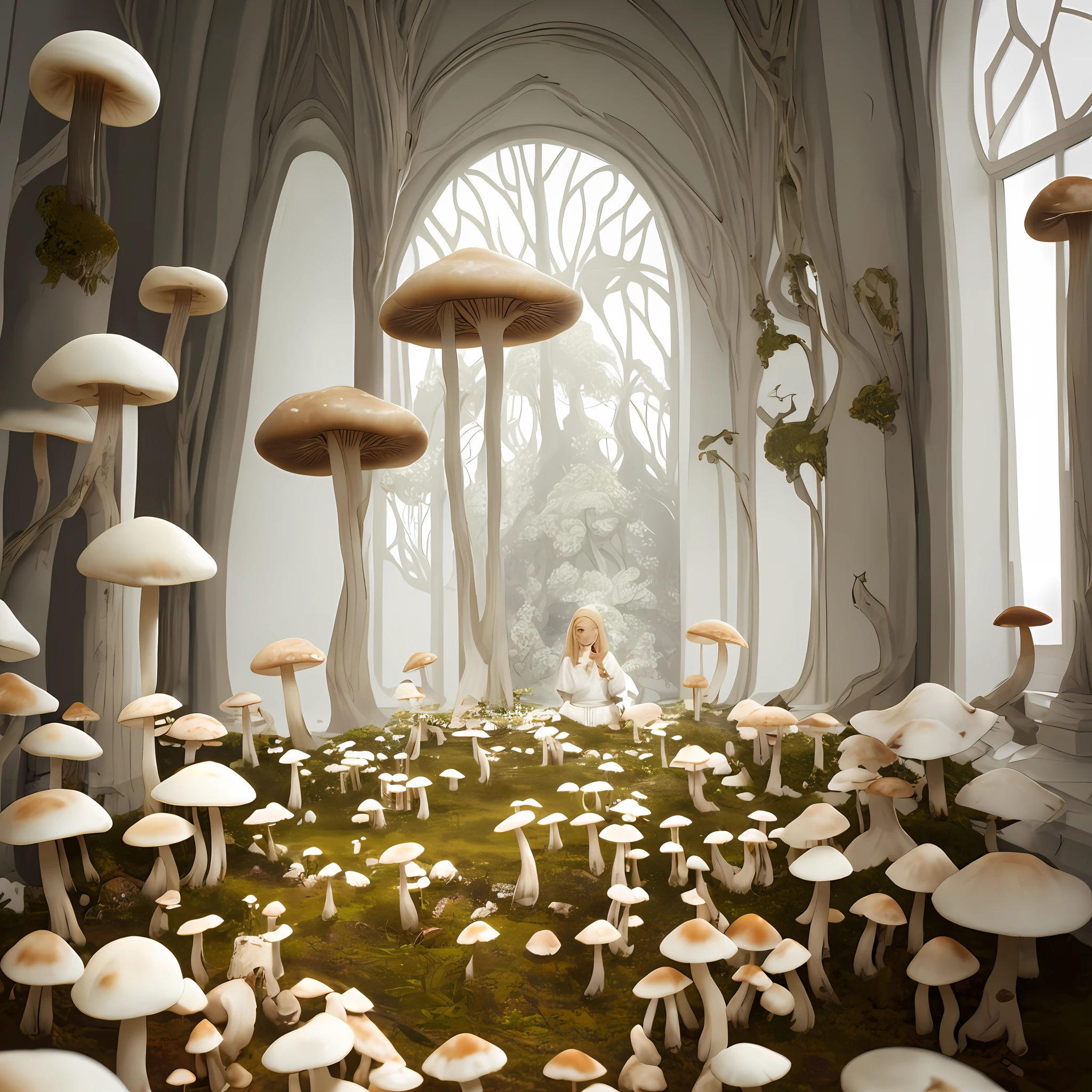 (Detailed description) (best quality) A SINGLE BLONDE WOMAN INSIDE A WHITE ROOM WITH MUSHROOMS ON THE FLOOR