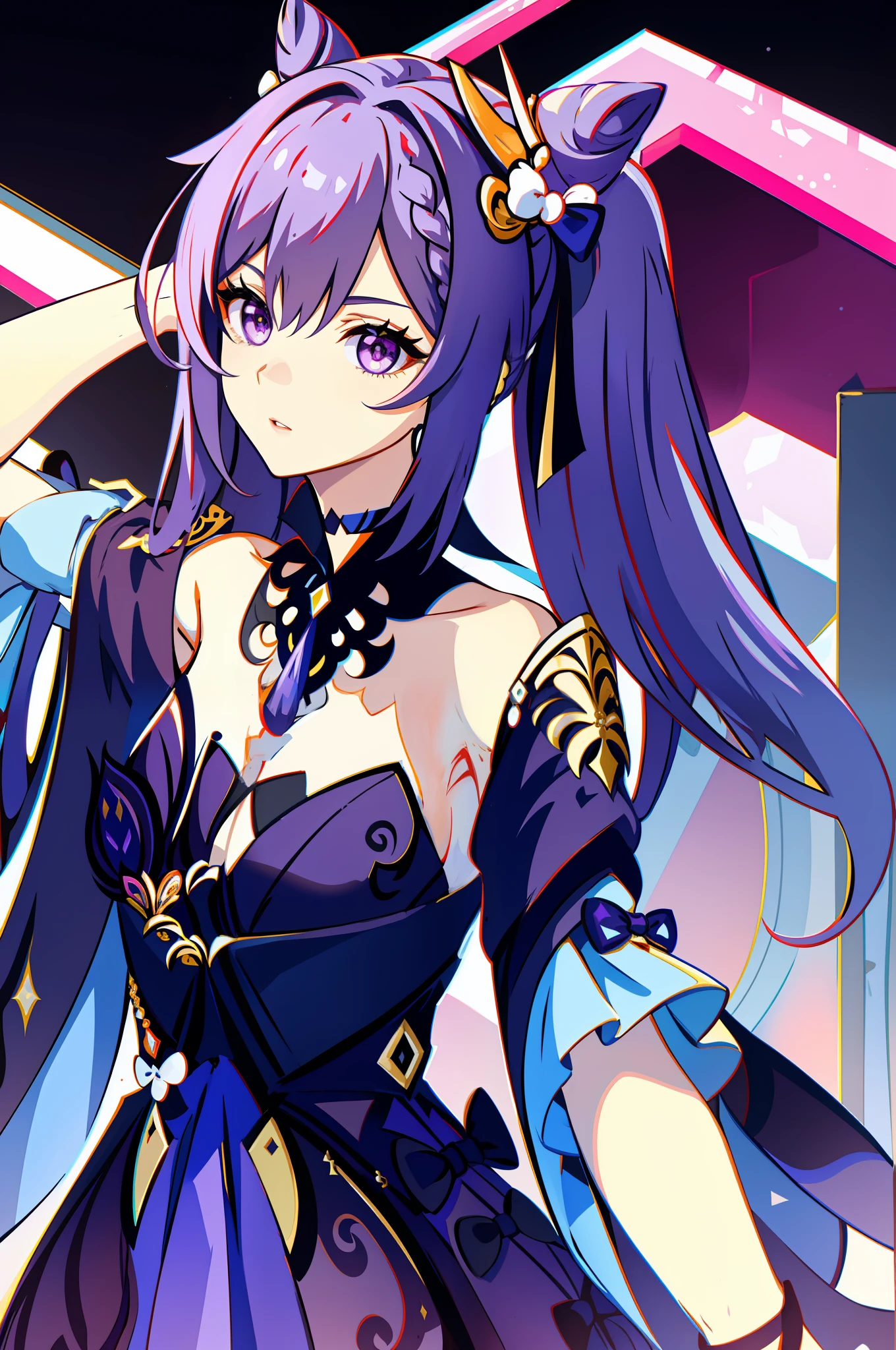masterpiece, best quality, absurdres, looking at viewer, solo, keqing (opulent splendor) (genshin impact), official alternate costume, 1girl, keqing (genshin impact), solo, purple hair, dress, long hair, looking at viewer, hair bun, twintails, breasts, bare shoulders, purple eyes, strapless, black dress, bangs, purple nails, strapless dress, cone hair bun, nail polish, ribbon, parted lips, double bun, upper body, diamond-shaped pupils, symbol-shaped pupils, cleavage, bow, black background, hair ribbon, diamond (shape), detached collar, hand up, hair ornament