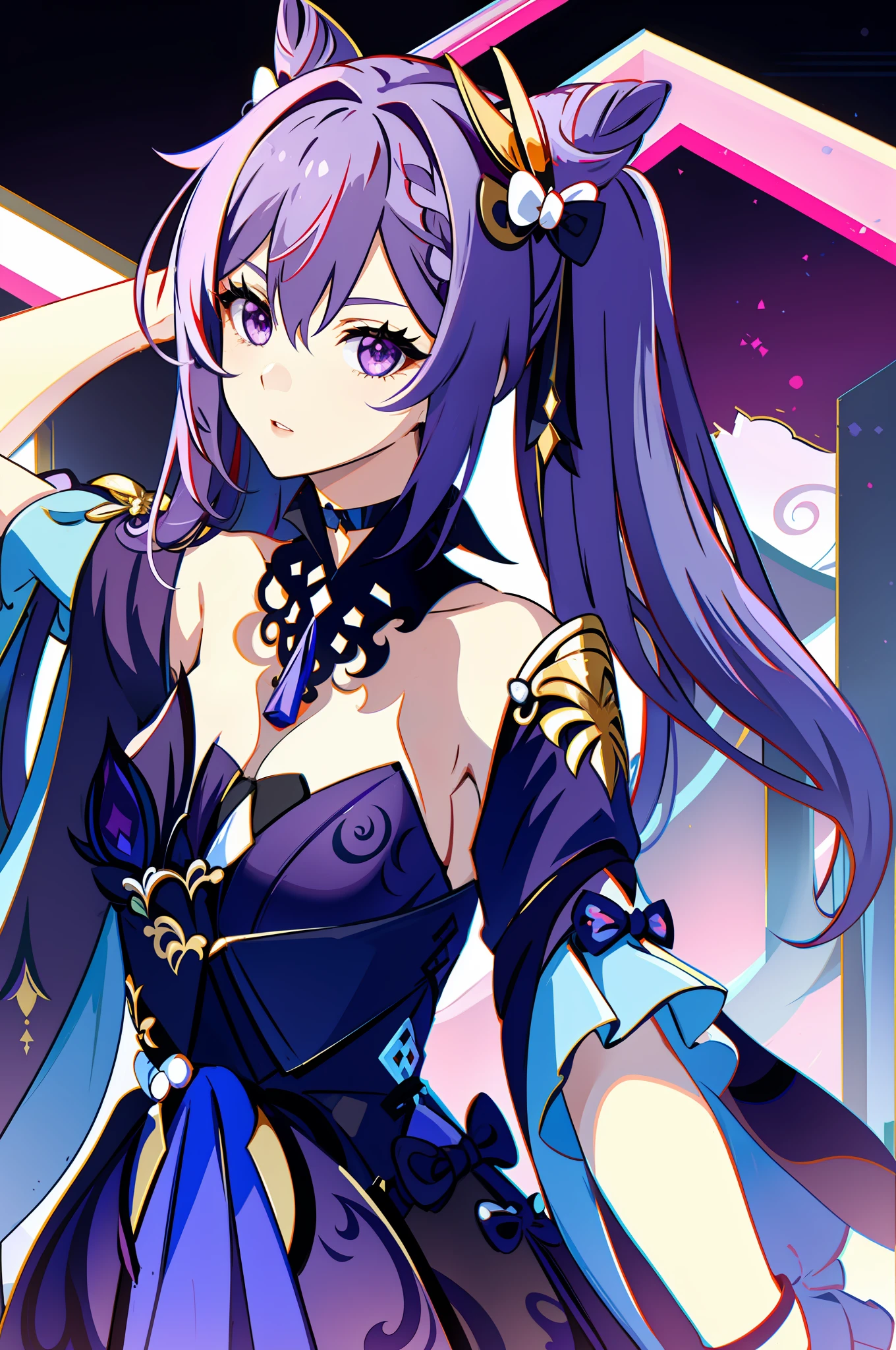 masterpiece, best quality, absurdres, looking at viewer, solo, keqing (opulent splendor) (genshin impact), official alternate costume, 1girl, keqing (genshin impact), solo, purple hair, dress, long hair, looking at viewer, hair bun, twintails, breasts, bare shoulders, purple eyes, strapless, black dress, bangs, purple nails, strapless dress, cone hair bun, nail polish, ribbon, parted lips, double bun, upper body, diamond-shaped pupils, symbol-shaped pupils, cleavage, bow, black background, hair ribbon, diamond (shape), detached collar, hand up, hair ornament