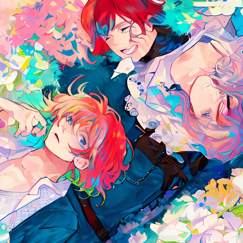 I would like an art by a gay couple. One of the boys is red-haired, with wavy hair, freckles and blue eyes. The other boy has Japanese traits. I want a loving and joyful representation of them, with a colorful and vibrant background.