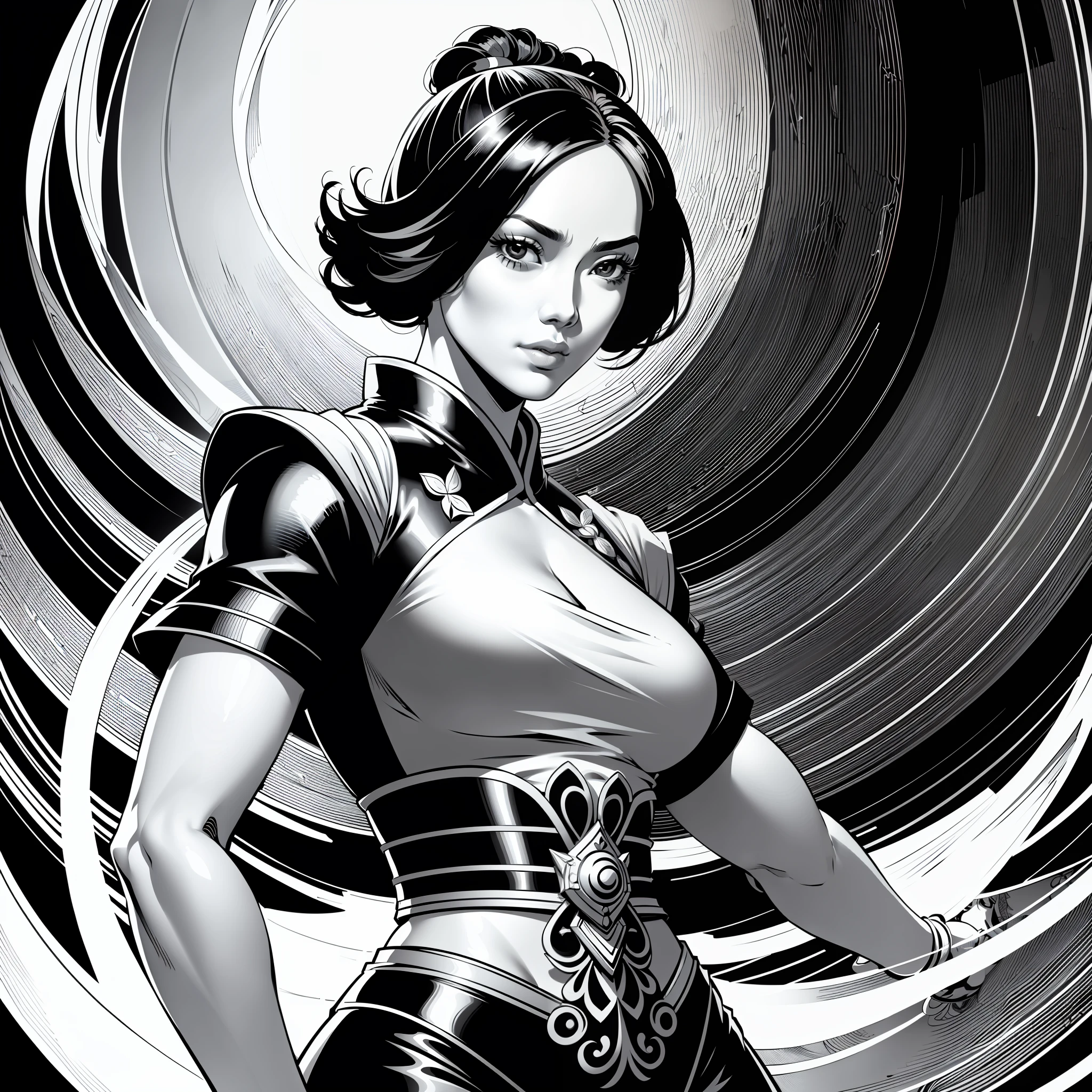 (comic style), (line art:1.5), (((1girl:1.3))), ((black and white)), hanfu, ((Adult model Jennifer Lopez)) as geisha, ((zen)), (masterpiece, top quality, best quality), extreme detailed background, good composition, good anatomy, perfect lighting, good shading, zen calligraphy, (realistic:1.3),