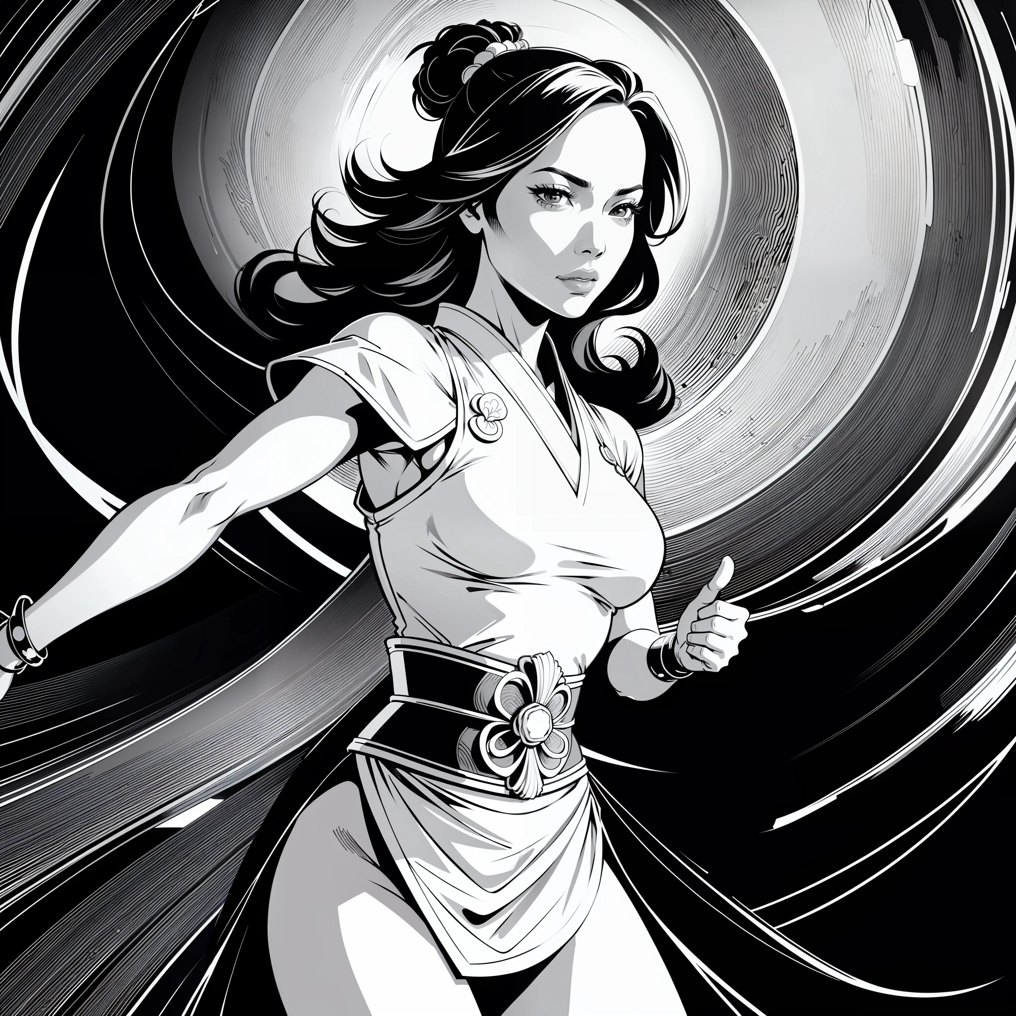 (comic style), (line art:1.5), (((1girl:1.3))), ((black and white)), hanfu, ((Adult model Jennifer Lopez)) as geisha, ((zen)), (masterpiece, top quality, best quality), extreme detailed background, good composition, good anatomy, perfect lighting, good shading, zen calligraphy, (realistic:1.3),