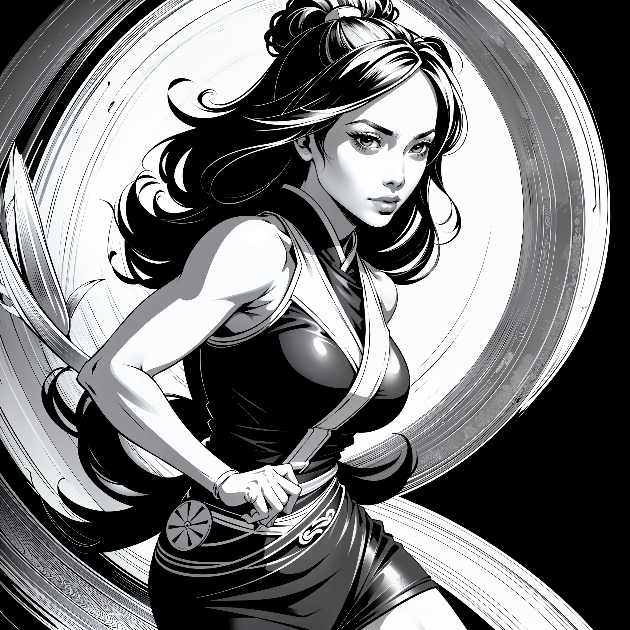 (comic style), (line art:1.5), (((1girl:1.3))), ((black and white)), hanfu, ((Adult model Jennifer Lopez)) as geisha, ((zen)), (masterpiece, top quality, best quality), extreme detailed background, good composition, good anatomy, perfect lighting, good shading, zen calligraphy, (realistic:1.3),