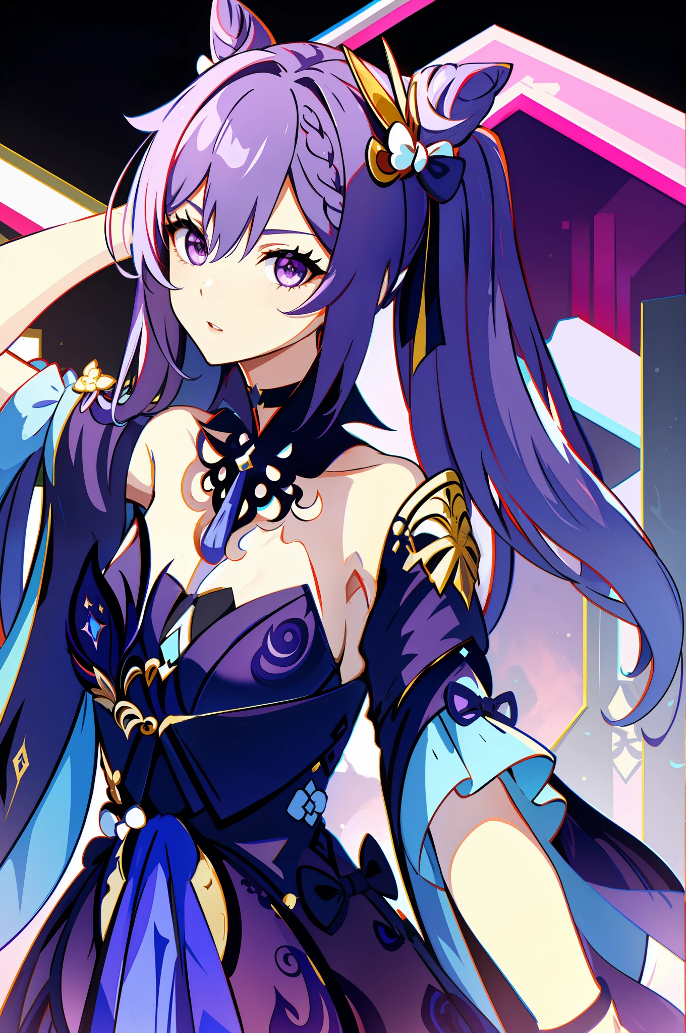 masterpiece, best quality, absurdres, looking at viewer, solo, keqing (opulent splendor) (genshin impact), official alternate costume, 1girl, keqing (genshin impact), solo, purple hair, dress, long hair, looking at viewer, hair bun, twintails, breasts, bare shoulders, purple eyes, strapless, black dress, bangs, purple nails, strapless dress, cone hair bun, nail polish, ribbon, parted lips, double bun, upper body, diamond-shaped pupils, symbol-shaped pupils, cleavage, bow, black background, hair ribbon, diamond (shape), detached collar, hand up, hair ornament