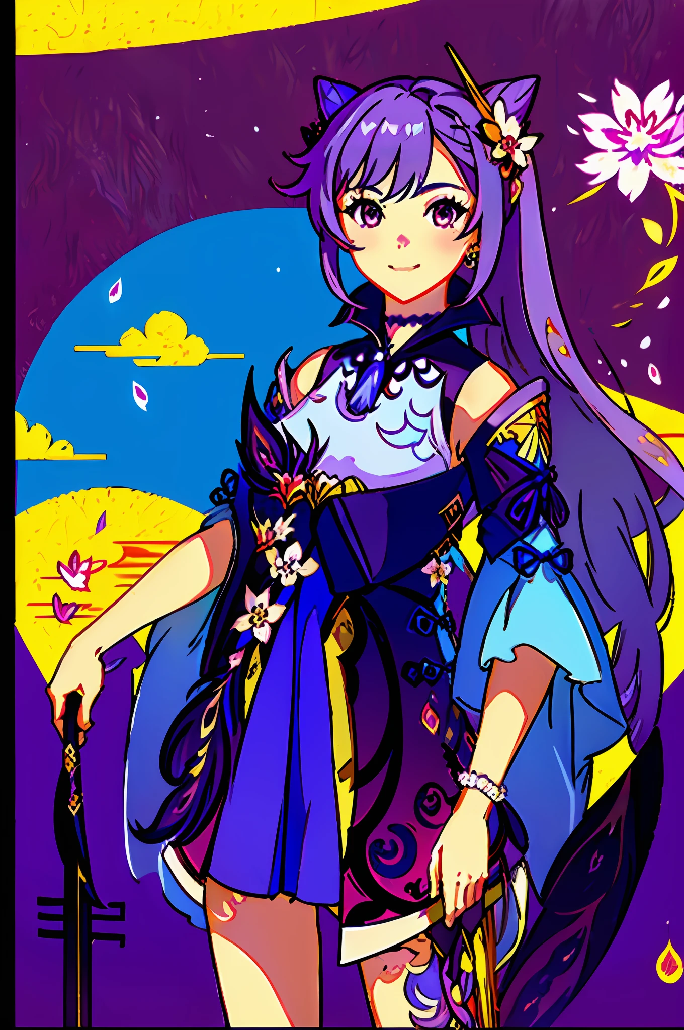 masterpiece, best quality,1girl, (colorful),(finely detailed beautiful eyes and detailed face),cinematic lighting,extremely detailed CG unity 8k wallpaper, (orchid hair), solo,((flying petal)),(Flowery meadow), chinese vibe, sky, cloudy_sky, chinese building, light, fantasy, dripping rain, sweet scent, (scar), fang tooth, (roses), (royal), white dress, no skirt, ((colorful)), ((queen)), (looking at viewers), purple themed, (( purple katana)), chinese kingdom, happiness, (powerful), (electric ambient), tsundere, Liyue, one arm up, wife,(purple flower chinese frame margin), electric sword, ((wry smile)), agile, cat hairstyle, blooming sakura