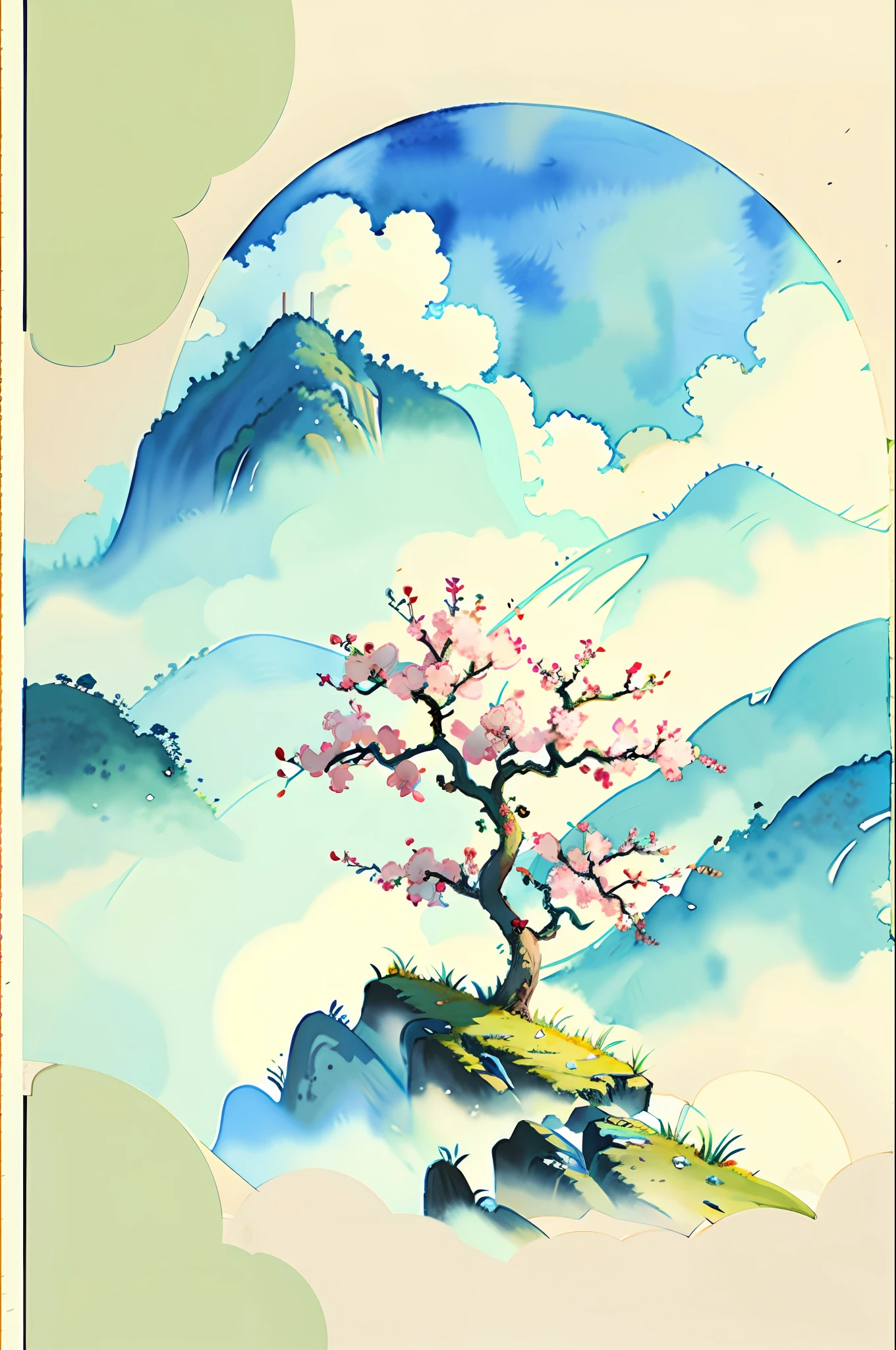 Apple tree in bloom on a high mountain surrounded by mist, watercolour, Chinese traditional painting, high detail, high quality