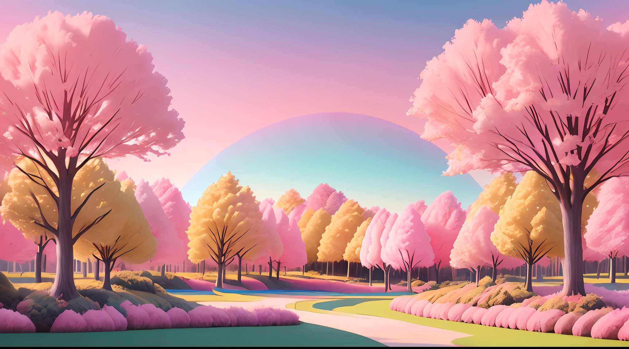 ((7 years old)), brown hair:(0.8), yellow sweatshirt, (planet scene full of different pink trees, funny and colorful), cute animals, blue sky, soft lighting, colorful glow.