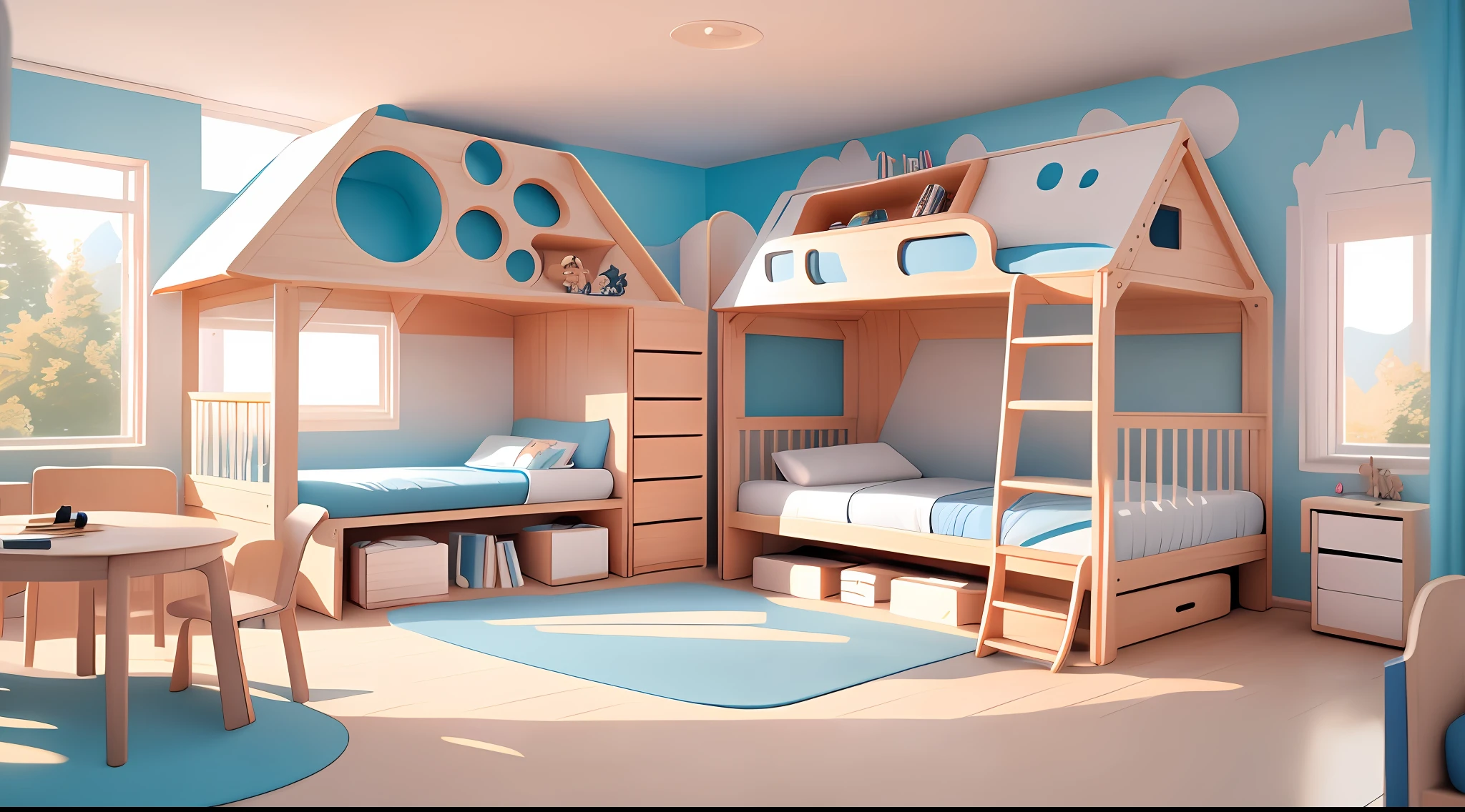 Setting futuristic room, children's room, wooden house