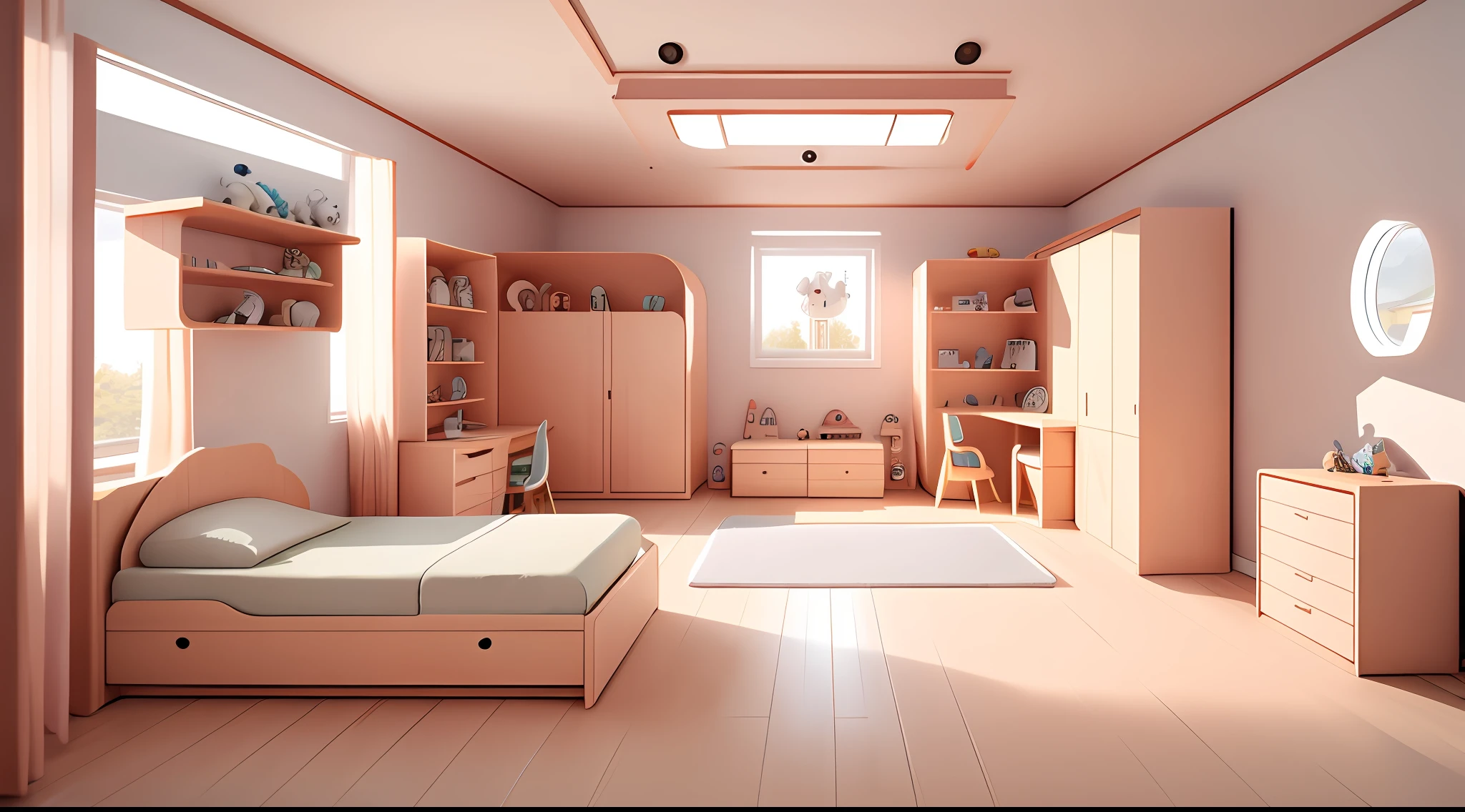 Setting futuristic room, children's room, wooden house