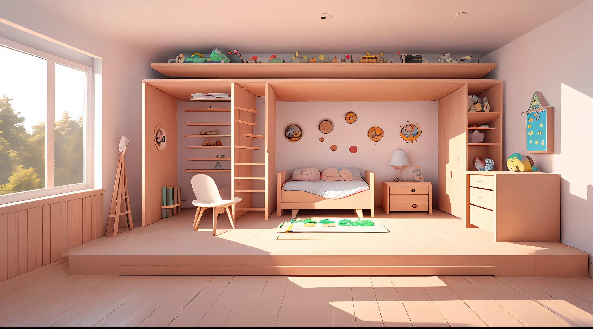 Setting futuristic room, wooden, children's drawing