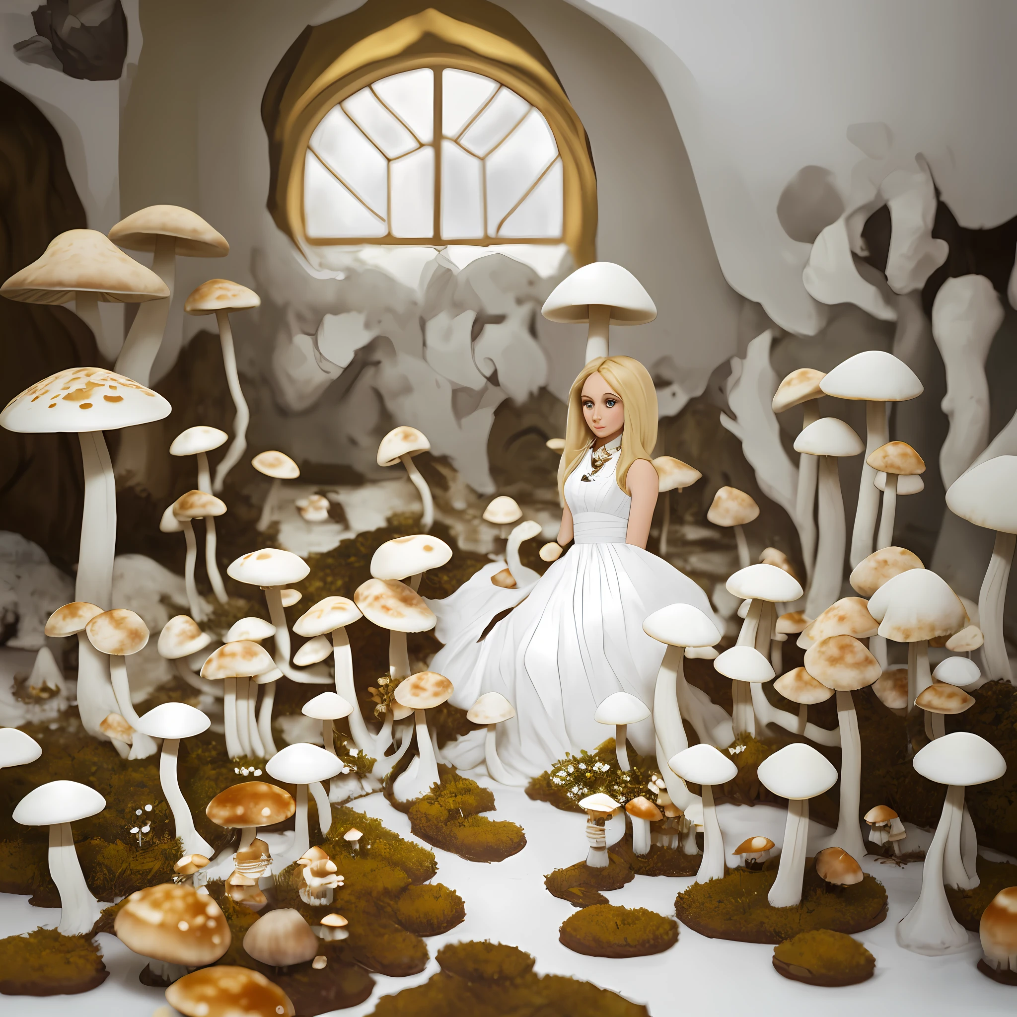 (Detailed description) (best quality) A SINGLE BLONDE WOMAN INSIDE A WHITE ROOM WITH MUSHROOMS ON THE FLOOR