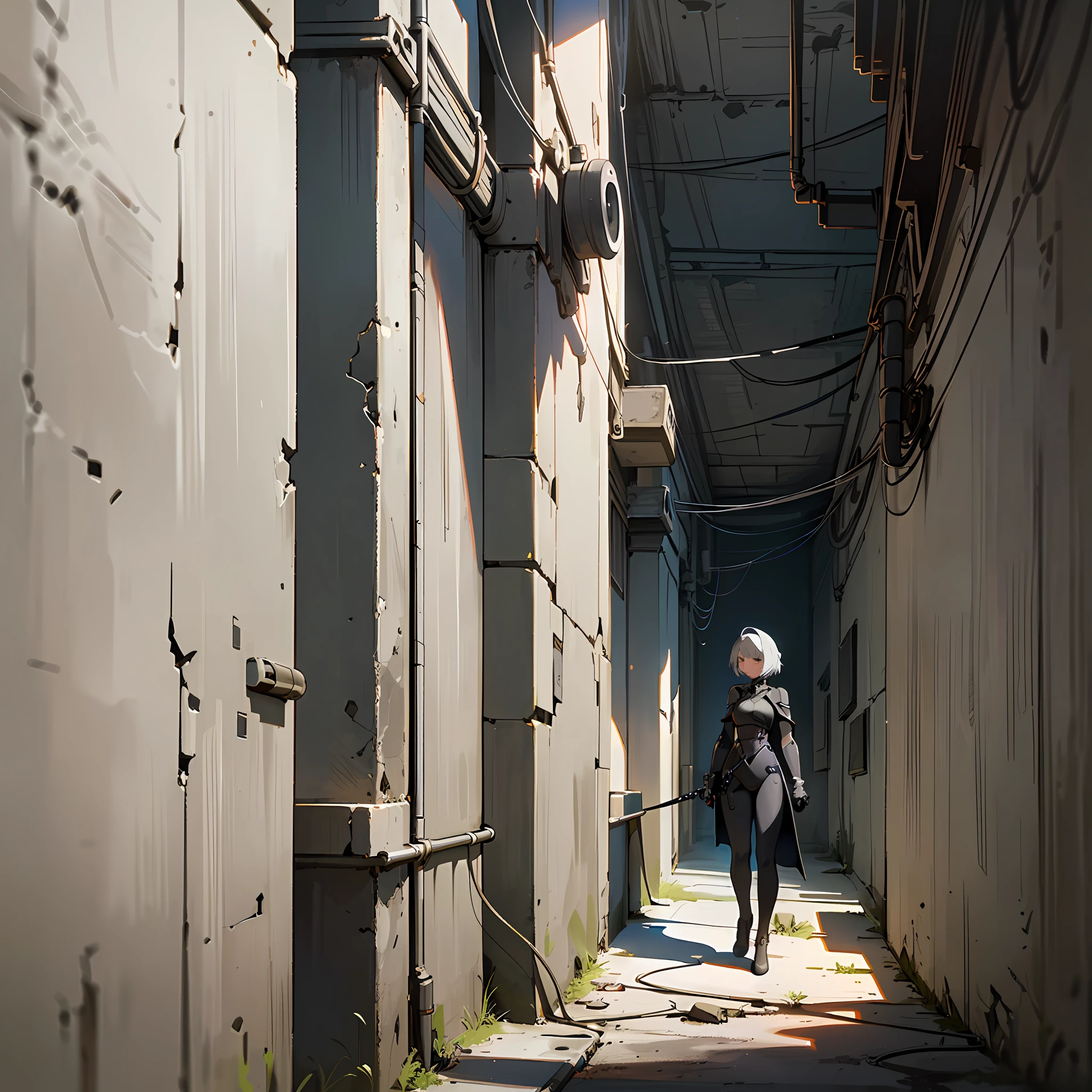 (masterpiece), (high resolution), (great detail), distant view, wide angle, to the right of the image, ((a very beautiful cyborg woman with short gray hair and sad look is leaning on the very tired wall (part of the metal skin very reflective, broken cables coming out of the back))) of a very narrow and dark alley (worn wall painting, cracks, rusty pipes), futuristic scenery, completely dark background, very dark environment, side light from left, very elongated and detailed shadows (lots of contrast) very dark night