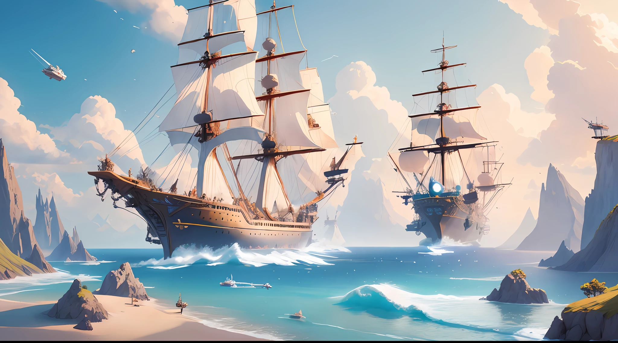 futuristic background, flying pirate ship, imaginary, space, nature adventure