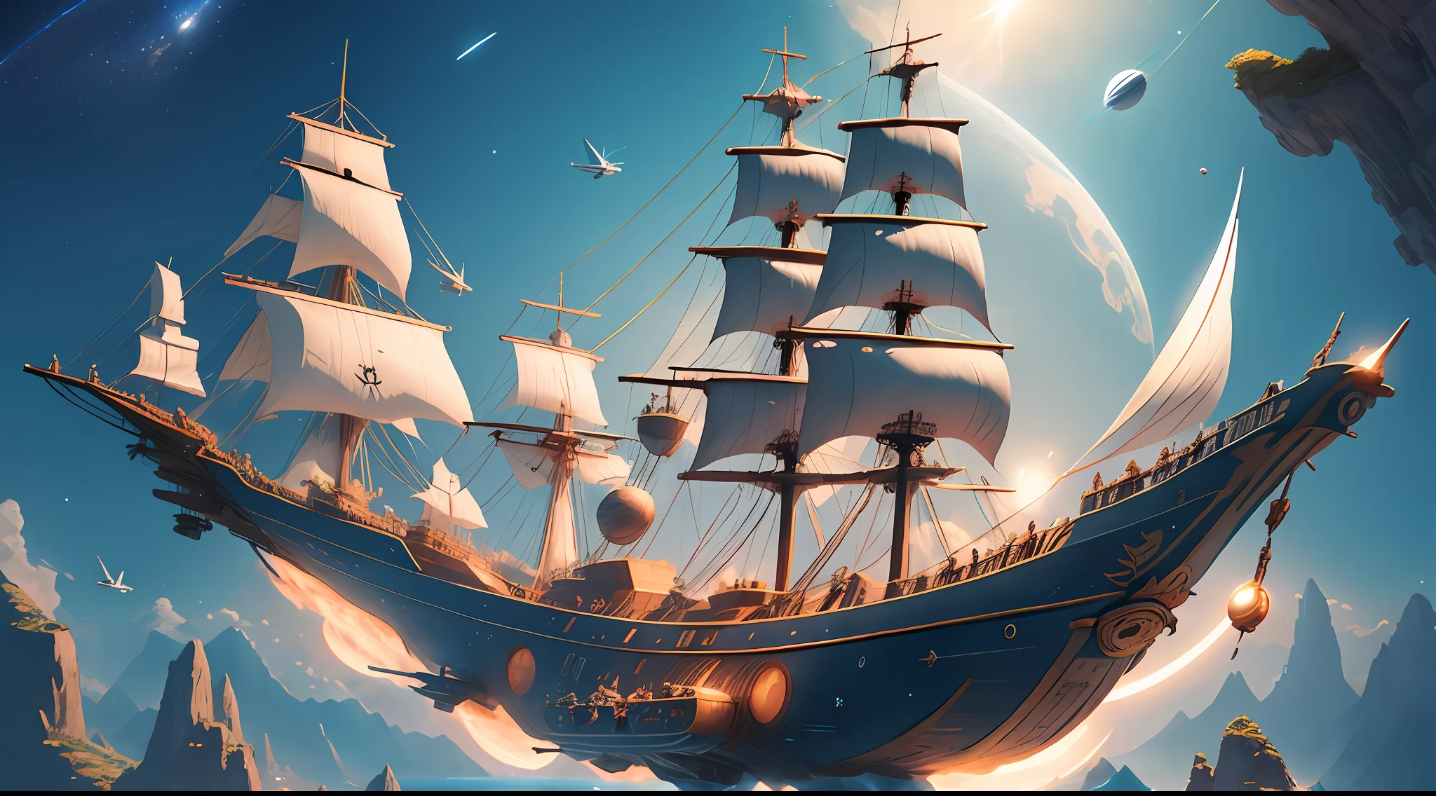 futuristic background, flying pirate ship, imaginary, space, nature adventure