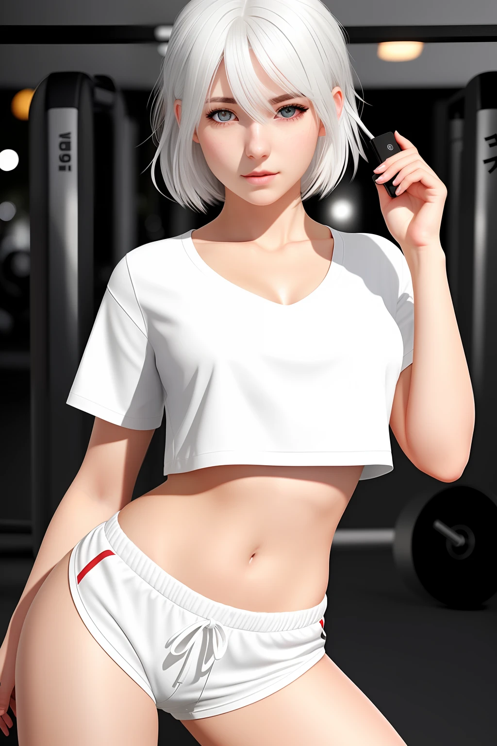 photorealistic, high resolution, 1 girl, white hair, korean, heterochromia eyes, small mole below eye, loose white shirt, gym shorts, medium chest, thicker thighs