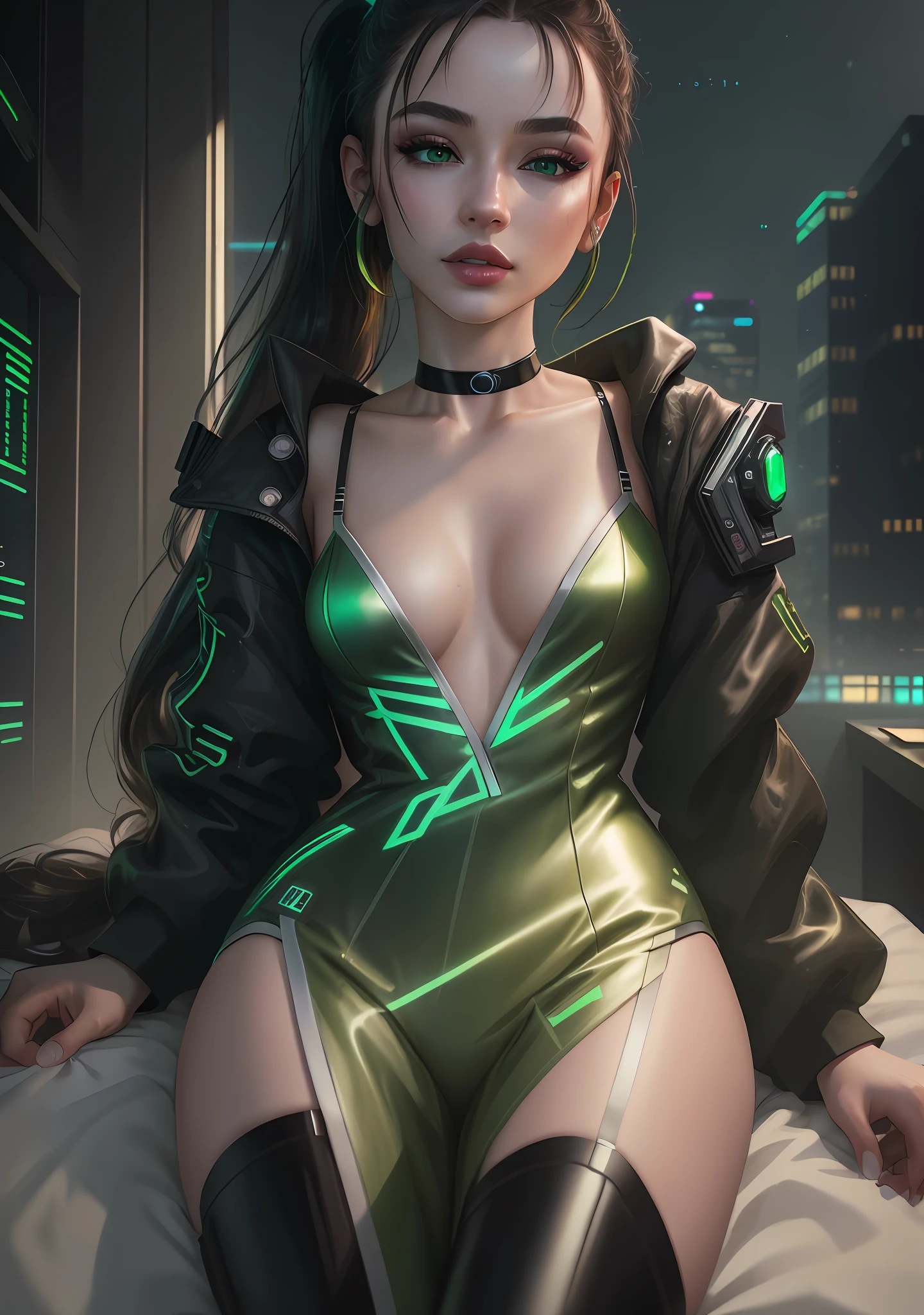 (cyberpunk theme), 1 woman sleeping in bed, closed eyes, (green eyes, white skin, long dark hair, ponytail, choker, small breasts, lipstick, makeup, eyeliner), wearing a cyber pajama, cyber tech room, (masterpiece, best quality, 8k, sharp focus, depth of field, best shadows, perfect lights, HDR, realistic skin texture, ultra-detailed and detailed background), wideshot