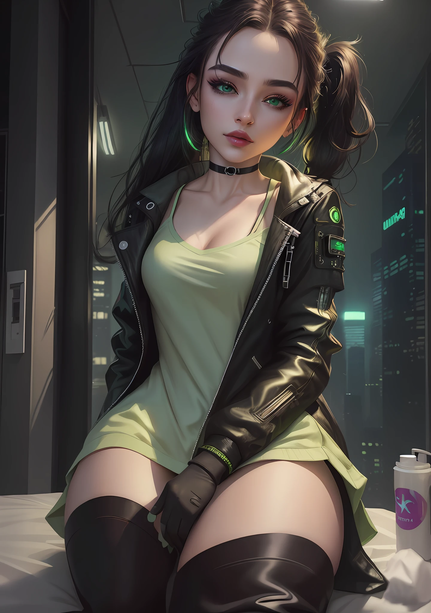 (cyberpunk theme), 1 woman sleeping in bed, closed eyes, (green eyes, white skin, long dark hair, ponytail, choker, small breasts, lipstick, makeup, eyeliner), wearing a cyber pajama, cyber tech room, (masterpiece, best quality, 8k, sharp focus, depth of field, best shadows, perfect lights, HDR, realistic skin texture, ultra-detailed and detailed background), wideshot