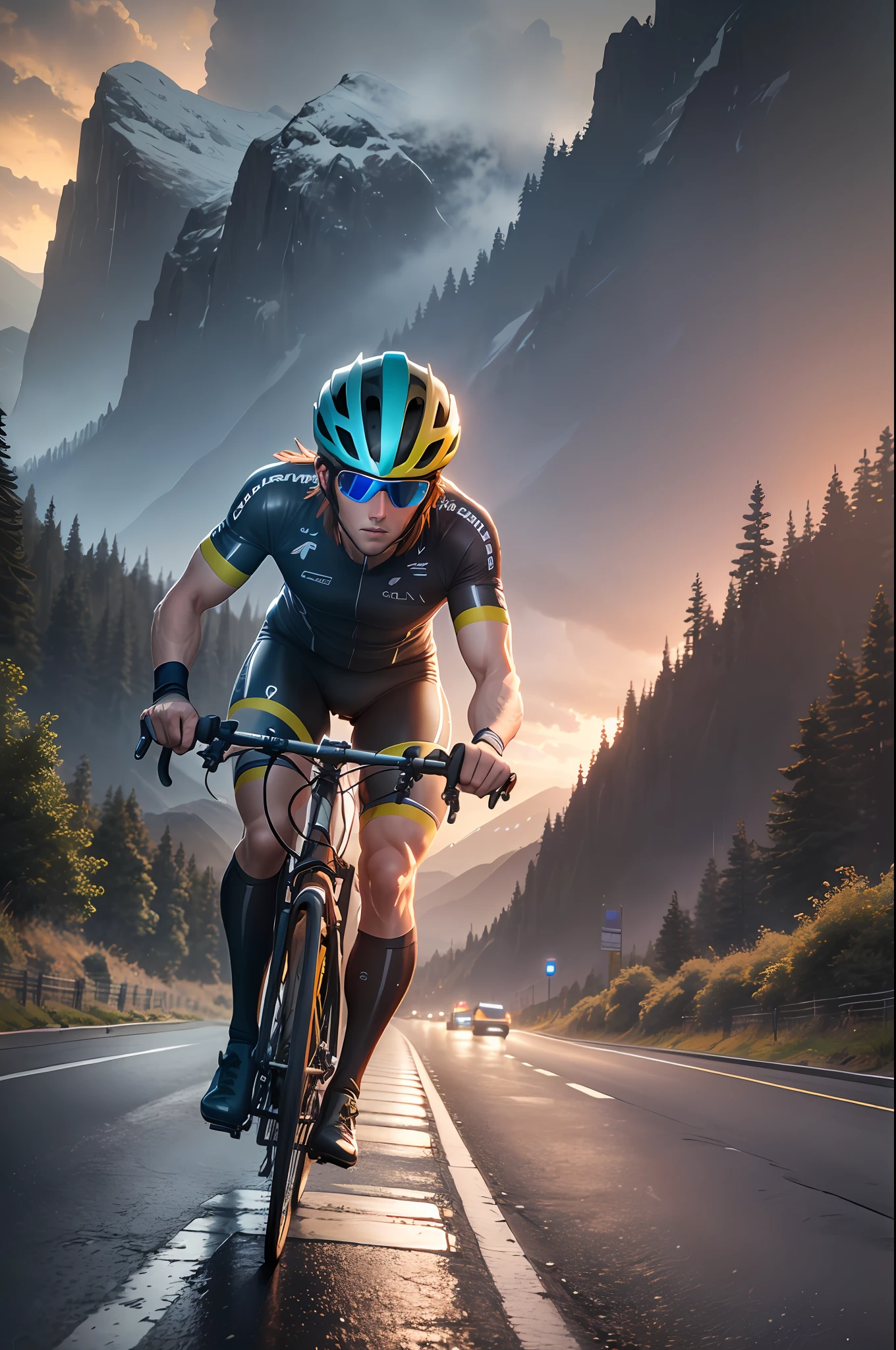 a cyclist on a road, running, helmeted, raining, at dusk, mountains in the background and vegetation, detailed, 4k, unreal engine 5, HDR