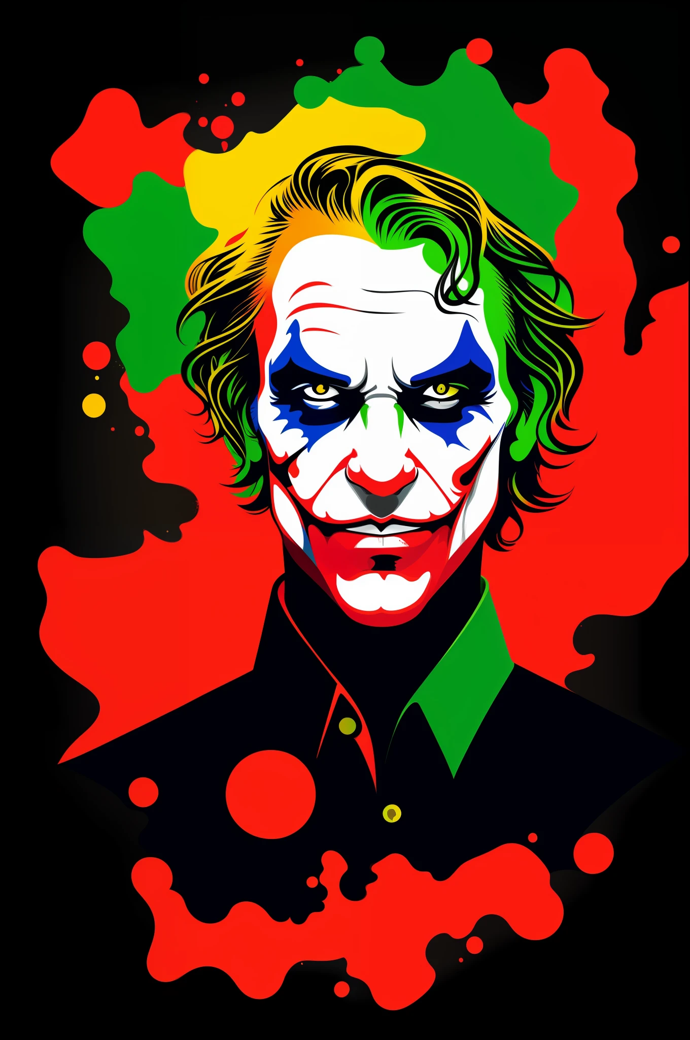 Vector illustration, Minimalistic, Digital illustration, centered vector logo art for t-shirt printing, vivid colors splash, joker face, gloomy mood, obsidian tones, black, red and bronze, chicago city, winter afternoon, T-shirt design, Dramatic Lighting, Trending on Artstation, Award winning, Icon, Highly detailed
