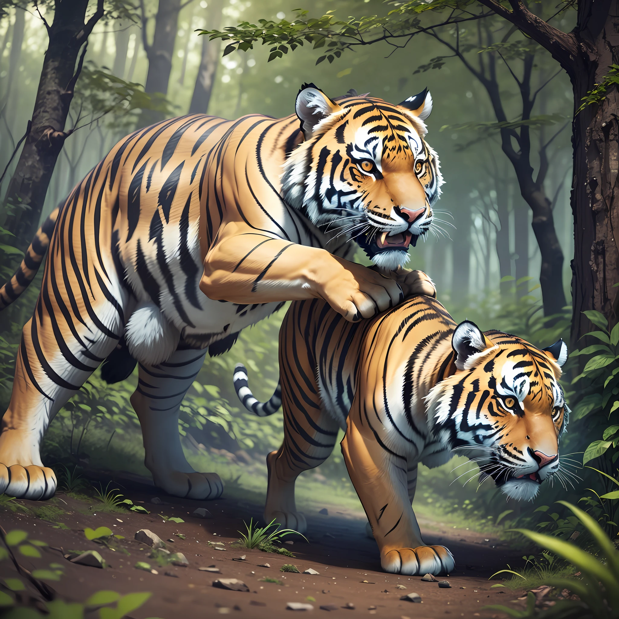 A tiger in the dense forest, attacking its prey, in the morning, ultra realistic, 4K, Unreal Engine 5