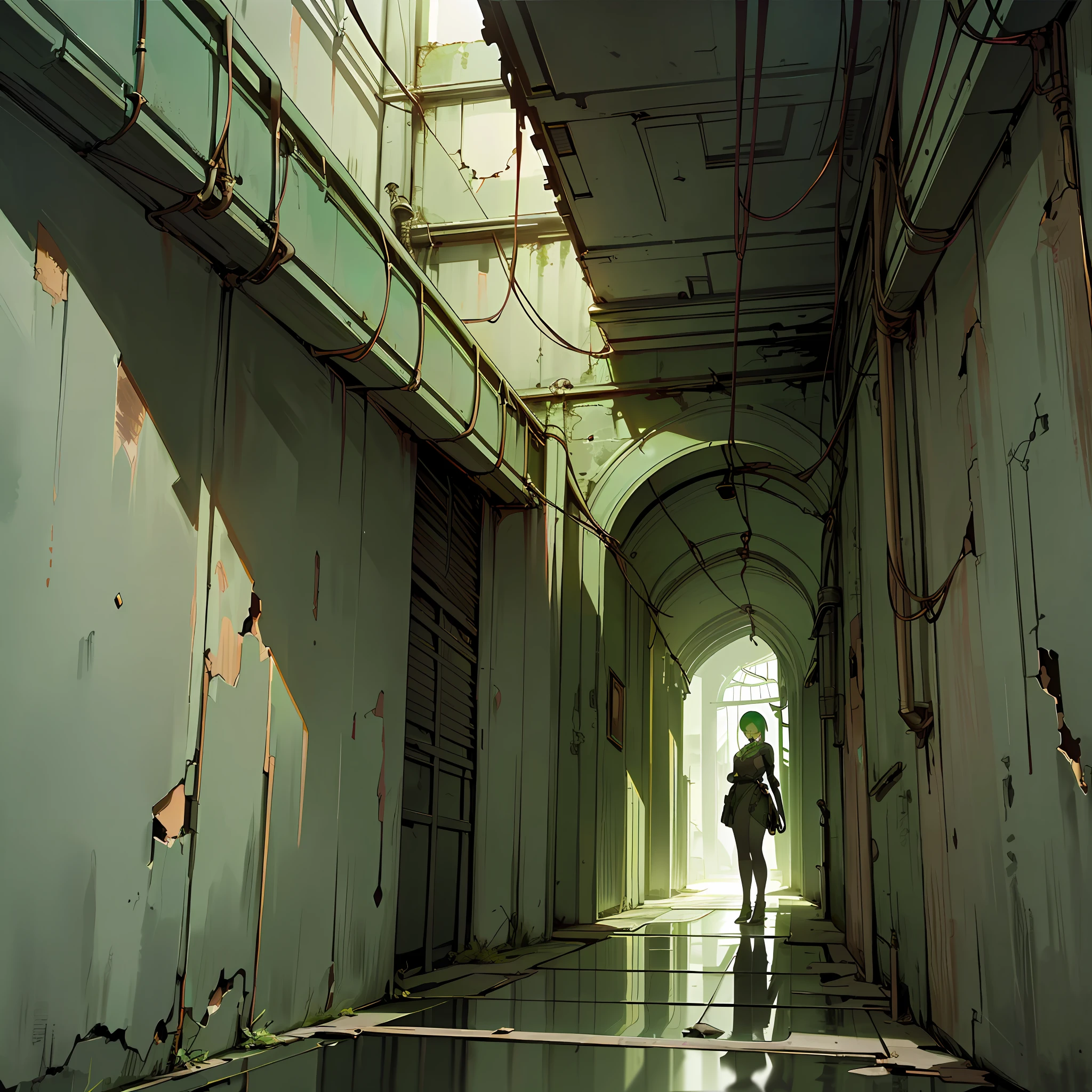 (masterpiece), (high resolution), (great detail),distant view, wide angle, to the right of the image, ((a very beautiful cyborg woman with green hair and sad look is leaning on the very tired wall (part of the metal skin very reflective, broken wires coming out of the back))) of a very narrow and dark alley (worn wall painting, cracks, rusty pipes), futuristic scenery, completely dark background, very dark environment, side light from left, very elongated and detailed shadows (lots of contrast) very dark night