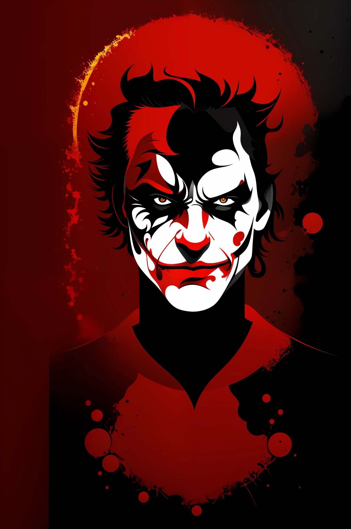 Vector illustration, Minimalistic, Digital illustration, centered vector logo art for t-shirt printing, vivid colors splash, joker face, gloomy mood, obsidian tones, black, red and bronze, chicago city, winter afternoon, T-shirt design, Dramatic Lighting, Trending on Artstation, Award winning, Icon, Highly detailed