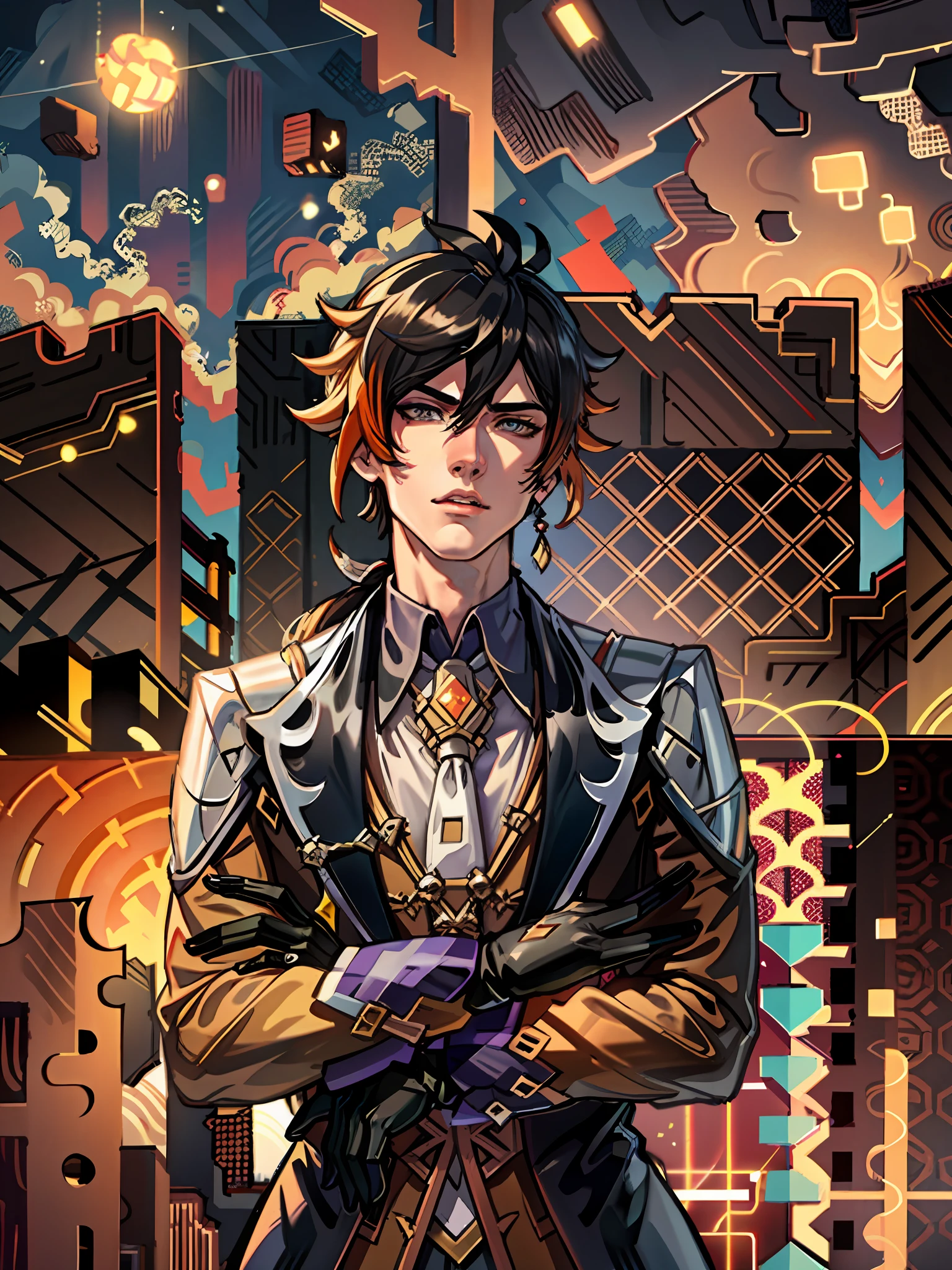 masterpiece, best quality, zhongli (genshin impact), male focus, jewelry, long hair, 1boy, solo, earrings, bangs, gloves, ponytail, black gloves, multicolored hair, brown hair, detailed hair, hair between eyes ,simple background, single earring, thumb ring, jacket, tassel earrings, long sleeves, arms crossed, alpha pose, tassel, cloud, formal, detailed eyes, floating object, clouds, godly background, dark background, gradient hair, suit, black hair, cloudy sky,(kbxll:0.6), anime style