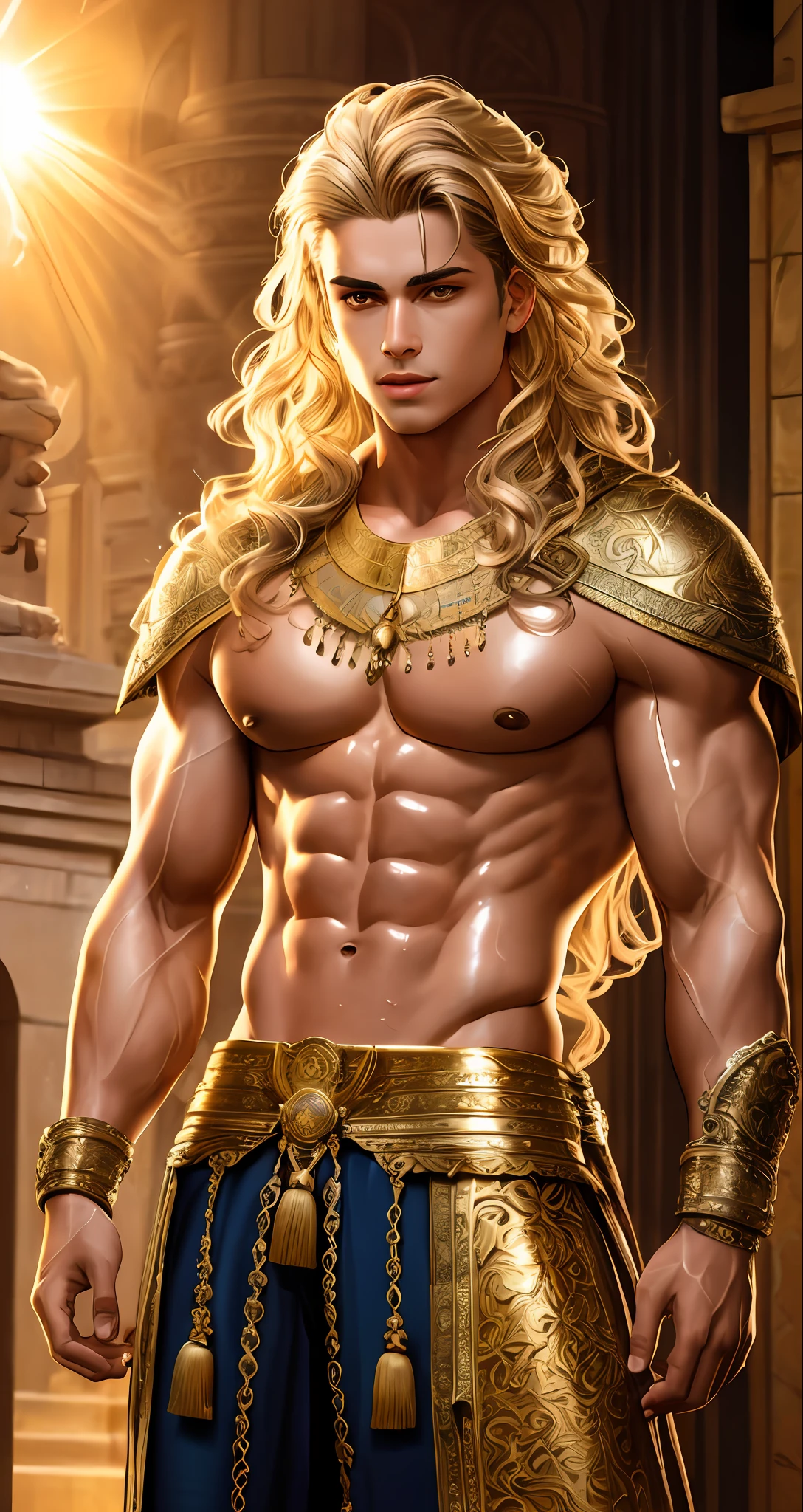 best quality, masterpiece, highres, photo realistic, ultra realistic, sun tyndall effect,photorealistic, dark studio, rim lighting, tone lighting,(high detailed skin:), 8k uhd, dslr, soft lighting, high quality, volumetric lighting, candid, photograph, high resolution, 4k, 8k, bokeh, ultra realistic 8k cg, (epic:, perfect artwork, masterpiece, ancient dynasty, medieval, fantasy), (((detailed background))), 20yo men muscular fresh model , shredded,(A stunning God-like beauty), (striking facial features, detailed hair) dynamic angle, amazing stunningly beautiful, sitting, wavy shiny hair, golden wet skin shining, full body portrait, glamour, perfect soft curves, perfect body, perfect boobs, full wet lips, perfect extremely detailed abs, ultra realistic, sun