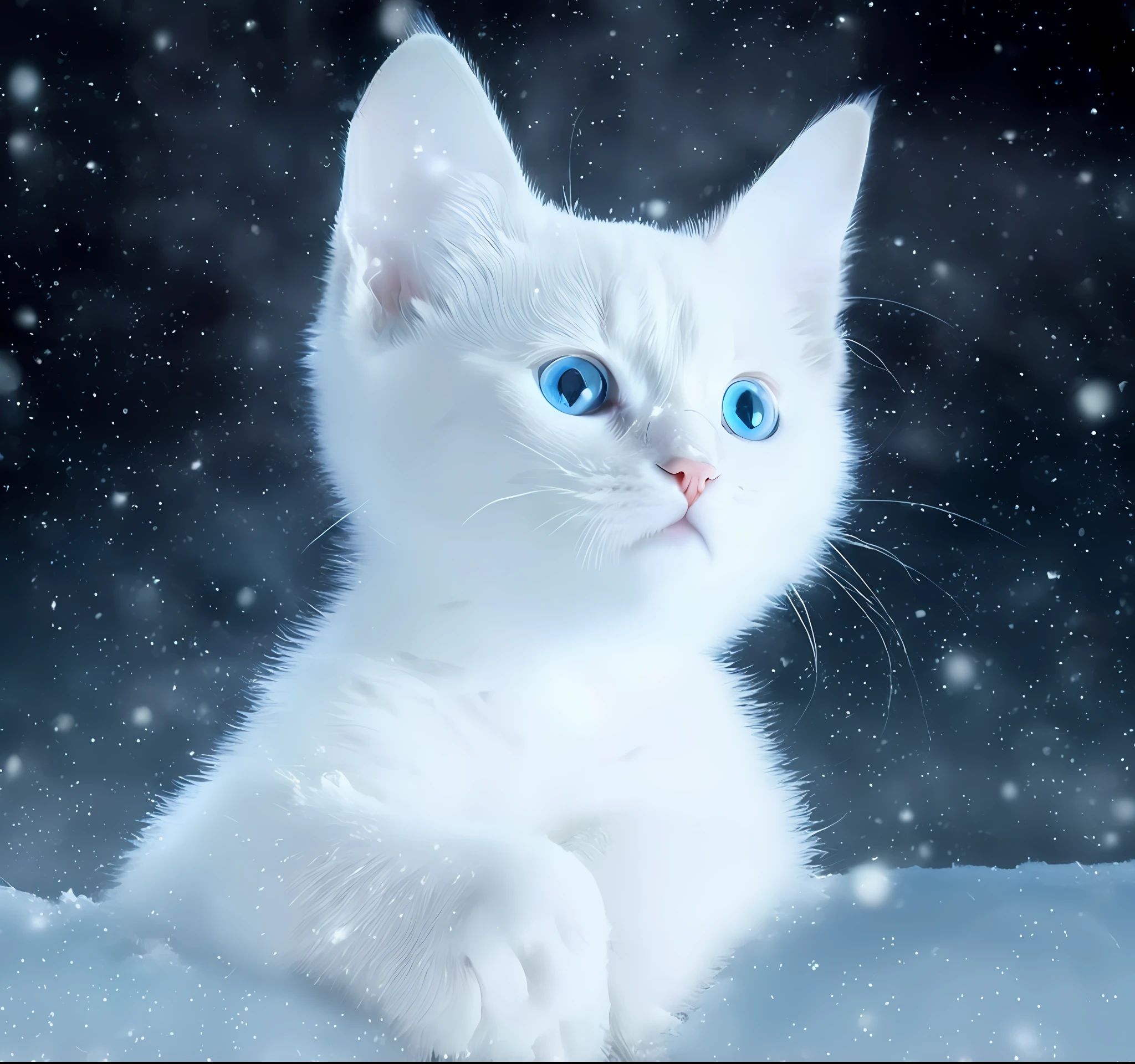 there is a white cat with blue eyes sitting on a snow covered surface, beautiful white glowing eyes, white cat, frosty white eyes, cold snowy, snowing, beautiful and cute, sparkling blue eyes, has two adorable blue eyes, cute kitten, beautiful blue glowing eyes, a cute cat, white glowing eyes, electric cats that fly over ice, with blue fur and blue eyes