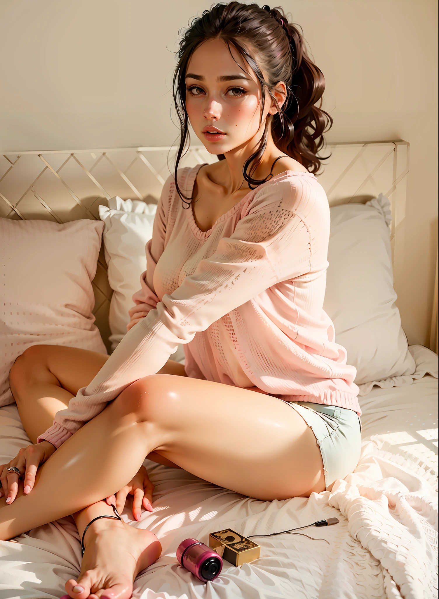 ((realistic face, seductive, adult look)), (pink pink shirt, black underwear, short clothes), (pink long hair), (28 years), (1 girl), (4k style))