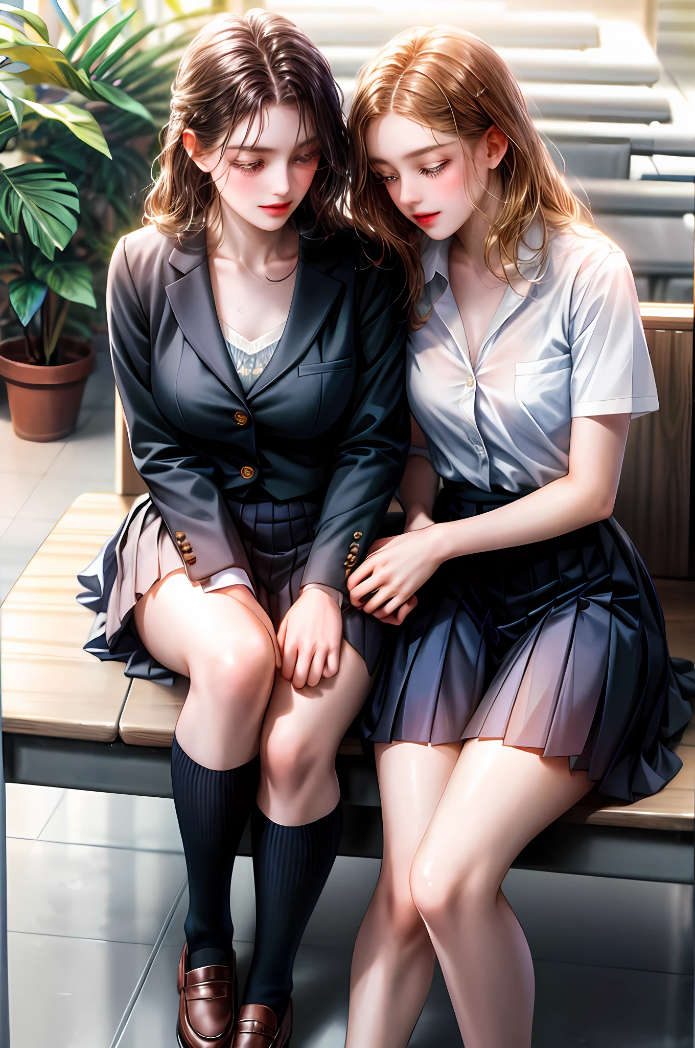 Romance students, two girls students with school uniform both have the same school uniform bone same design for the school uniform of both, lesbian couple, tall and thin, beautiful, alumnaxalumna, classmates