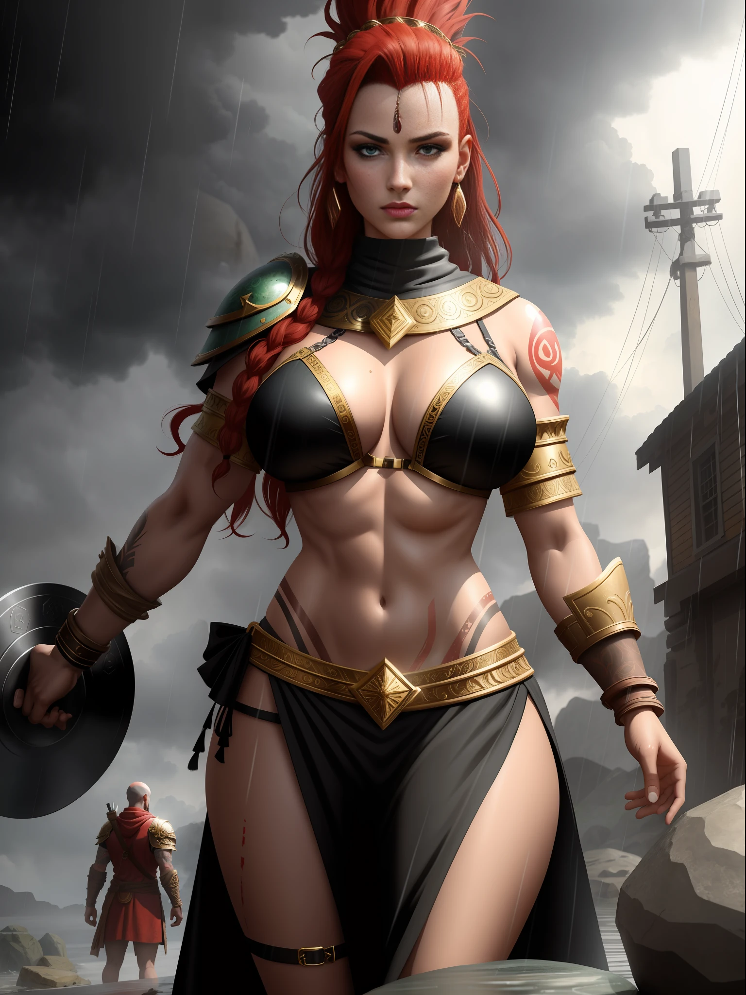 1 woman in black costume with gold parts of a maid/Kratos and behind in the background a Giant Tiran holding a giant stone, she has clothes very tight on her body, huge breasts, scars on her eye, tattoo all over her body, blood on her face and in the body, she has green eyes, mohawk red hair, perfect anatomy, body and clothes all wet, looking directly at the viewer from the front, with eyes and expressions of fury, archaic weapons, in an apocalyptic time raining very hard, God Of War, Masterpiece, Ground Shadow Reflection, Unreal Engine 5, Anime, Ultra Detailed, High Quality, 16k, Anatomically Correct