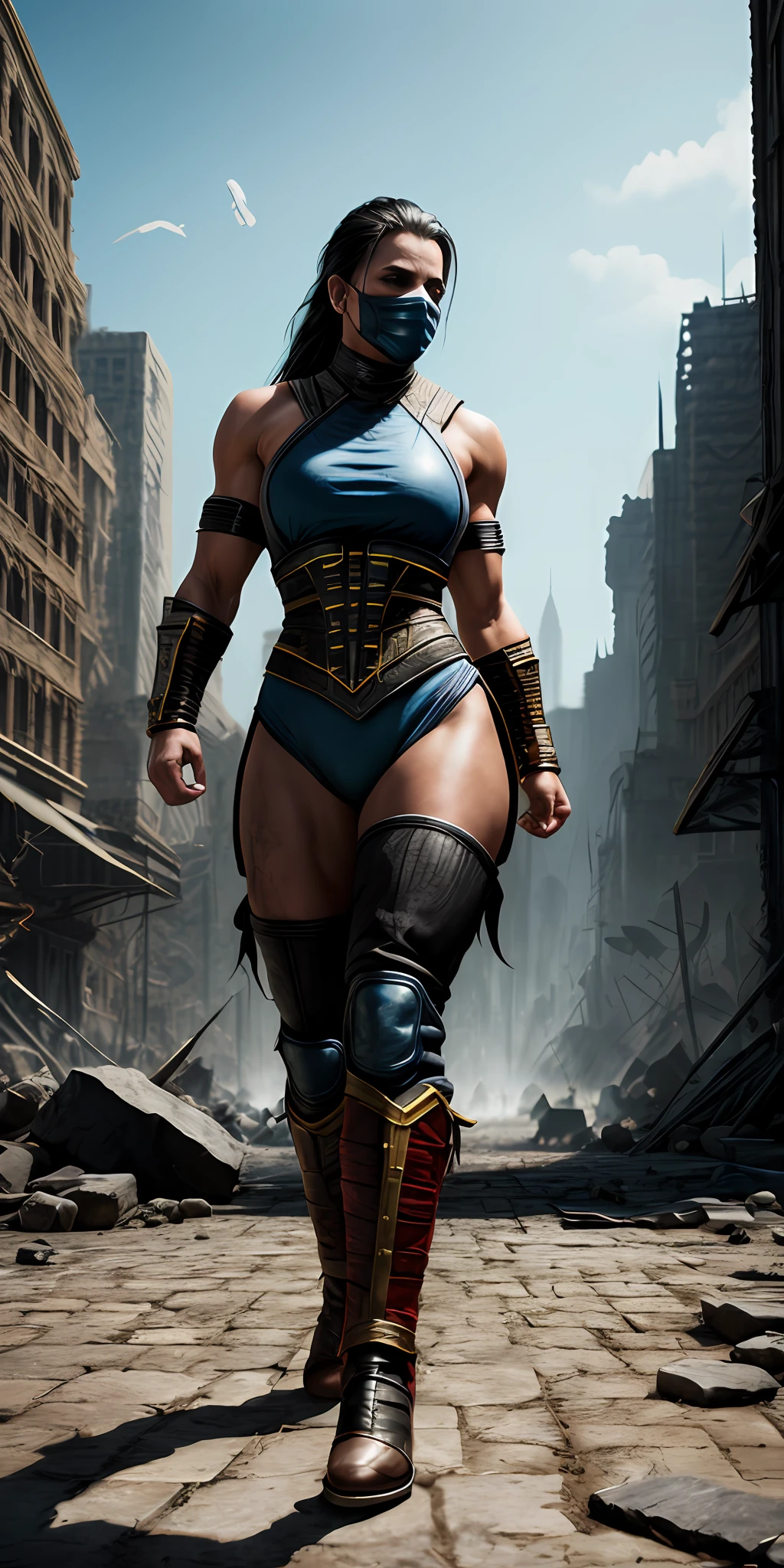 Mortal Kombat Woman ((Super Strong)), Masterpiece, Best Quality, Ultra-Detailed, Ground, Destroyed City Background, Shadows, Contrast, Clear Sky, Style (Look at Viewer:1.2) (Skin Texture) (Film Grain:1.3), Ultra-high resolution, octane render, 16K