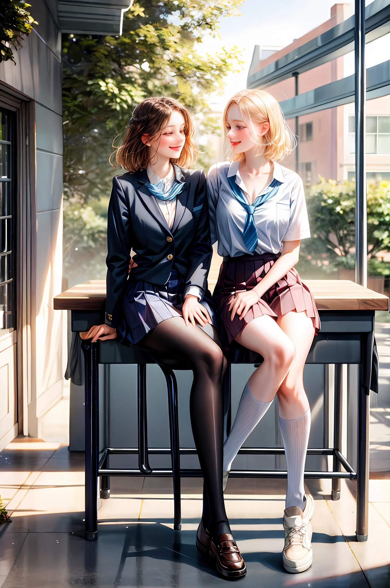 Romance students, two girls students in school uniform, lesbian couple, tall and thin, beautiful, alumnaxalumna, classmates