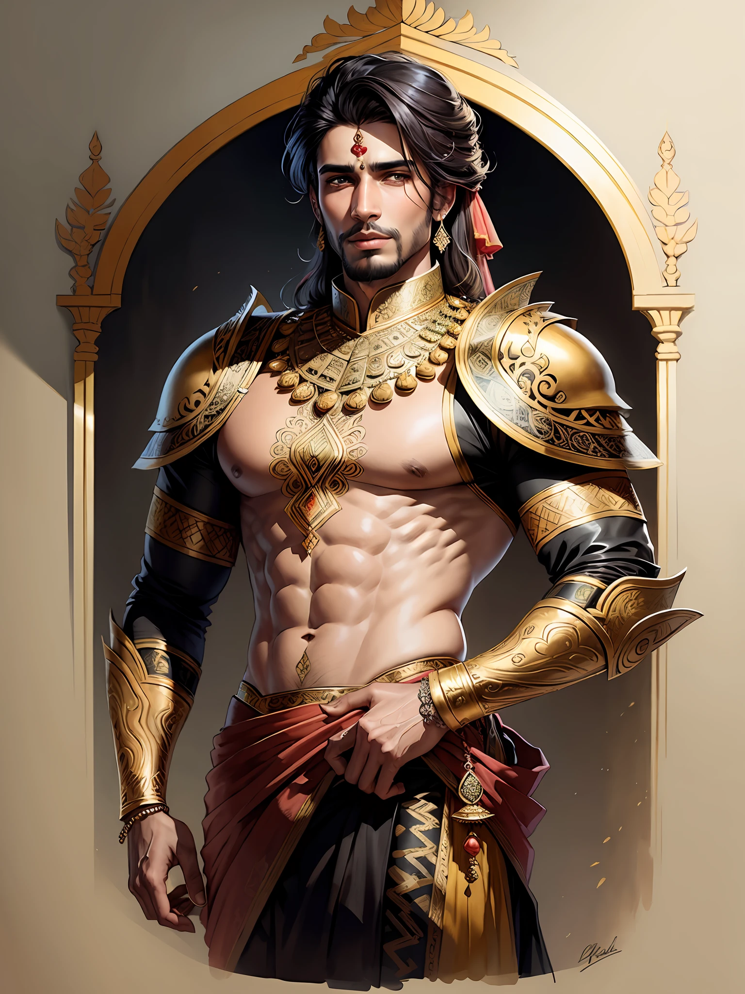 hand drawn sketch illustration of a beautiful Mughal men wearing ornate saree, leather armor, illustration, watercolor ink sketch, (best quality)), intricate detailed,