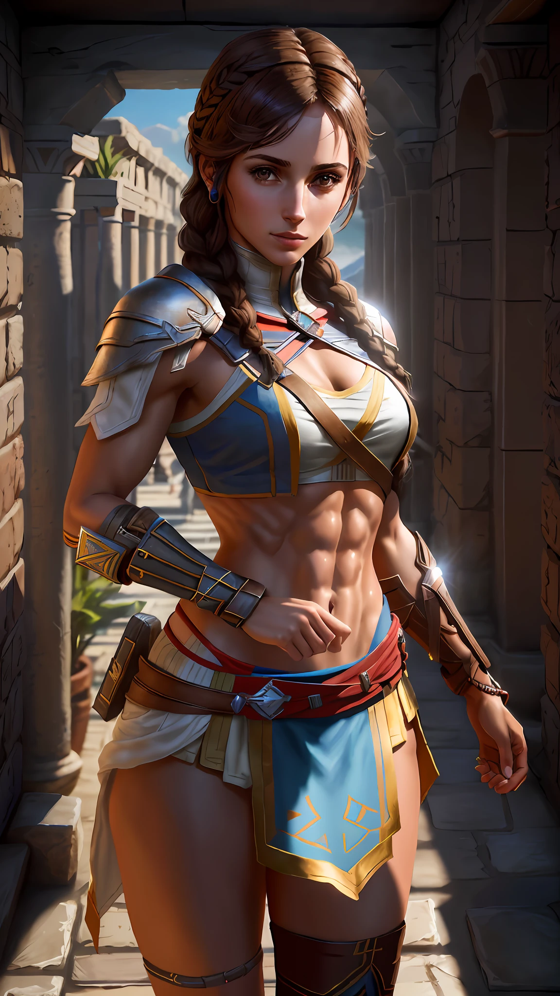 Solo, Kassandra (from assassin's creed oyssey, 1female, stron, toned abs, brown hair with side braids, brown eyes, light brown skin, Greek) wearing a one-piece clothes, arms up, armpit (photo from behind). ((masterpiece), best quality, ultra high resolution)
