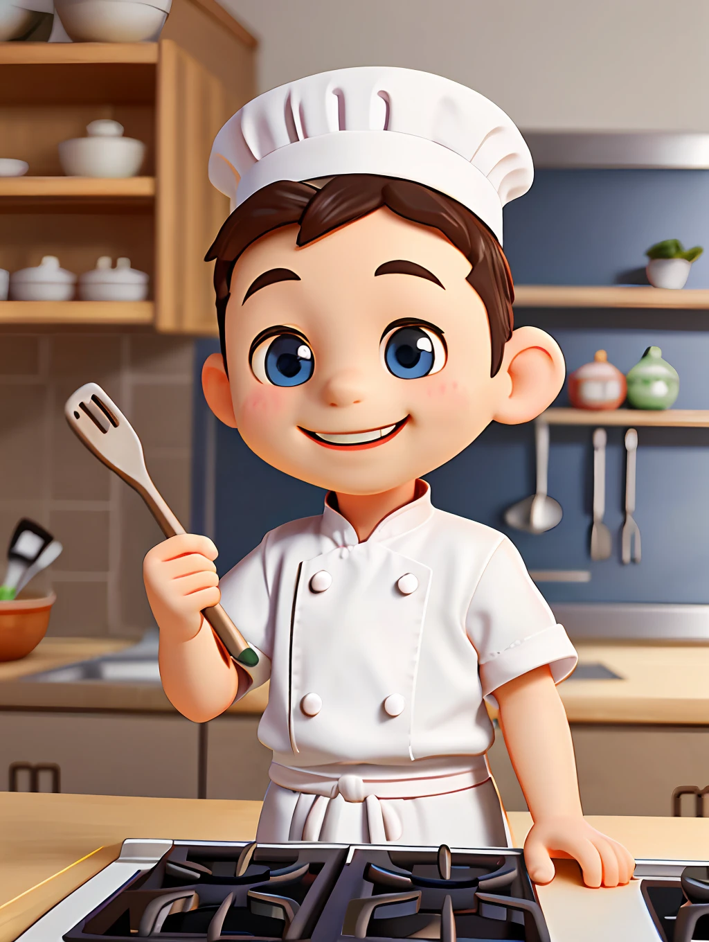 Portrait of a 3-year-old boy in white cook's outfit, chef's hat, half body, looking at the viewer, smiling, chibi style, kitchen scenery, blurry background, depth of field, detailed, cartoon, drawing with strokes of designer alex ross, unreal engine, 8k