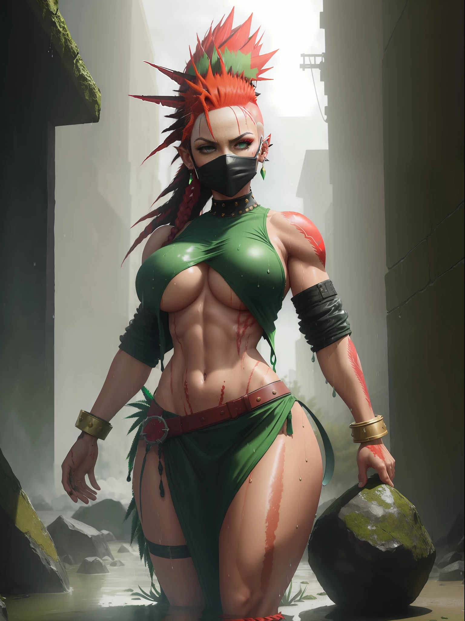 1 woman in a black costume with gold parts of a maid/Kratos and behind in the background a Giant Tiran holding a giant stone, she has the clothes very tight on her body, huge breasts, scars on her eye, tattoo all over her body, (blood on her face and body:1.5), she has (green eyes:1.5), (red mohawk hair:1.5), perfect anatomy, (body and clothes all wet:1.5), looking directly at the viewer from the front, with ohar and expression of fury, spartan weapons, in an apocalyptic time raining heavily, God Of War, Masterpiece, reflection of shadow on the ground, Unreal Engine 5, Anime, Ultra detailed, High Quality, 16k, anatomically correct