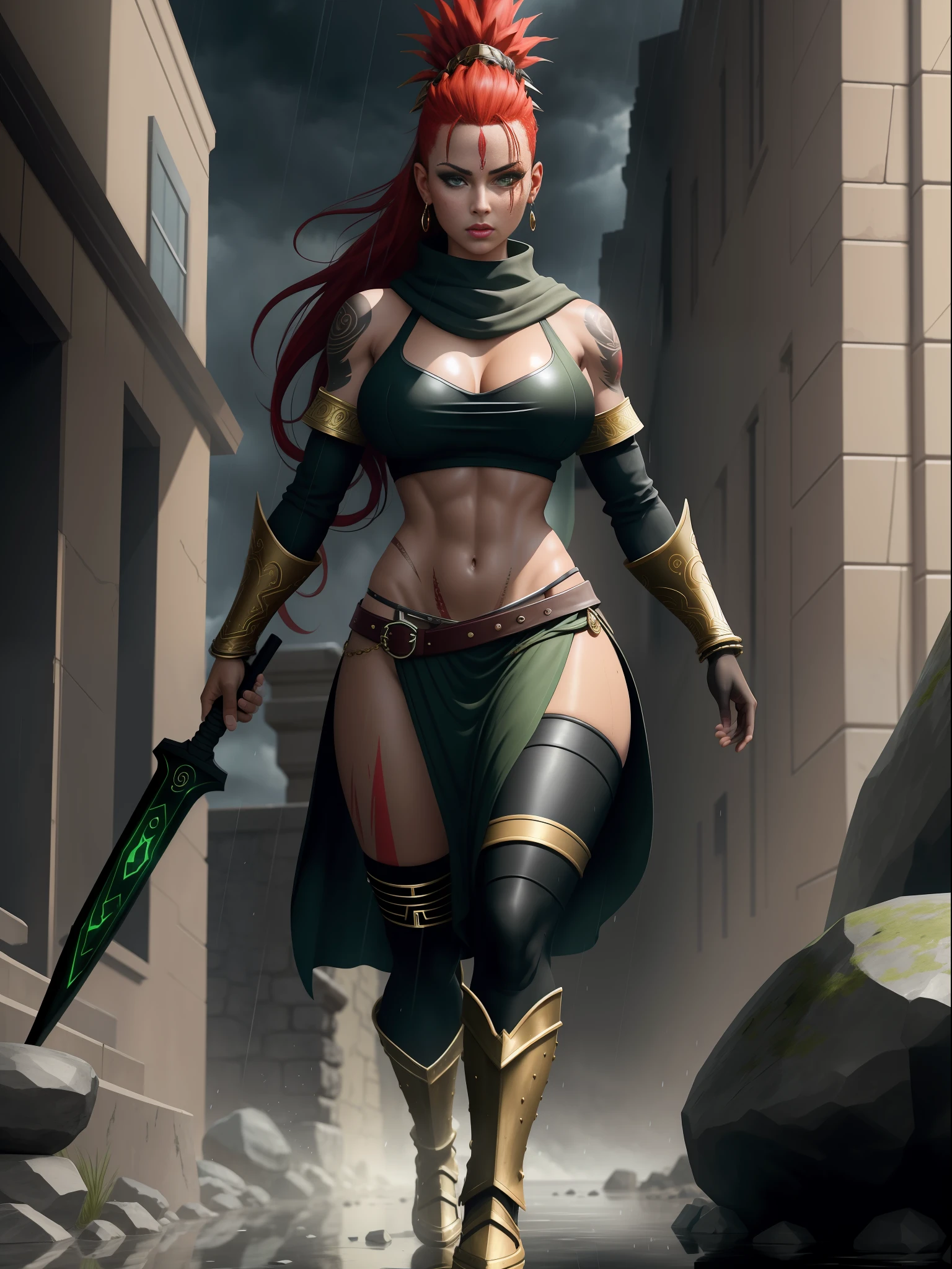 1 woman in a black costume with gold parts of a maid/Kratos and behind in the background a Giant Tiran holding a giant stone, she has the clothes very tight on her body, huge breasts, scars on her eye, tattoo all over her body, (blood on her face and body), she has (green eyes), (red mohawk hair), perfect anatomy, (body and clothes all wet), looking directly at the viewer from the front, with ohar and expression of fury, spartan weapons, in an apocalyptic time raining heavily, God Of War, Masterpiece, reflection of shadow on the ground, Unreal Engine 5, Anime, Ultra detailed, High Quality, 16k, anatomically correct