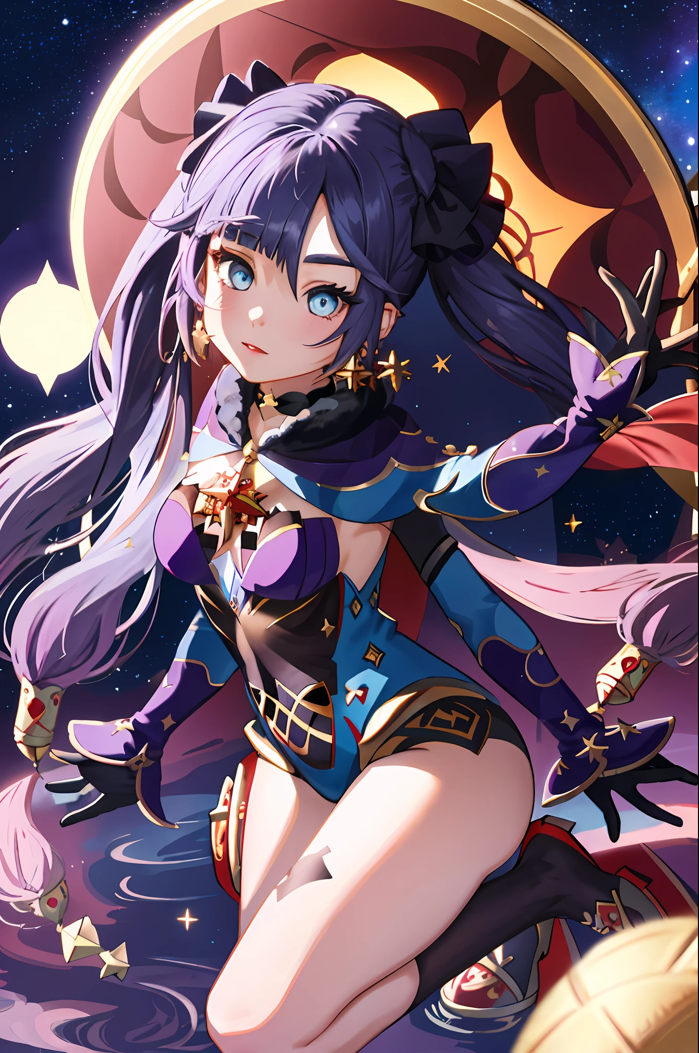 semi-realistic, illustration, 2.5D, flat colors,
best quality,
colorized, pink + white + purple + light-blue limited color palette, detailed concept drawing,
from front,
beautiful face, 1girl, solo, mona (genshin impact), mona \(genshin impact\),
long hair, large breasts, cleavage, navel, lipstick, earrings, purple hair, cone bun, long twin-tails, detailed eyes, looking at viewer,
in front of Japanese shrine, night, stars,
side-lighting, dramatic lighting, deep shadows,
(2D illustration background),