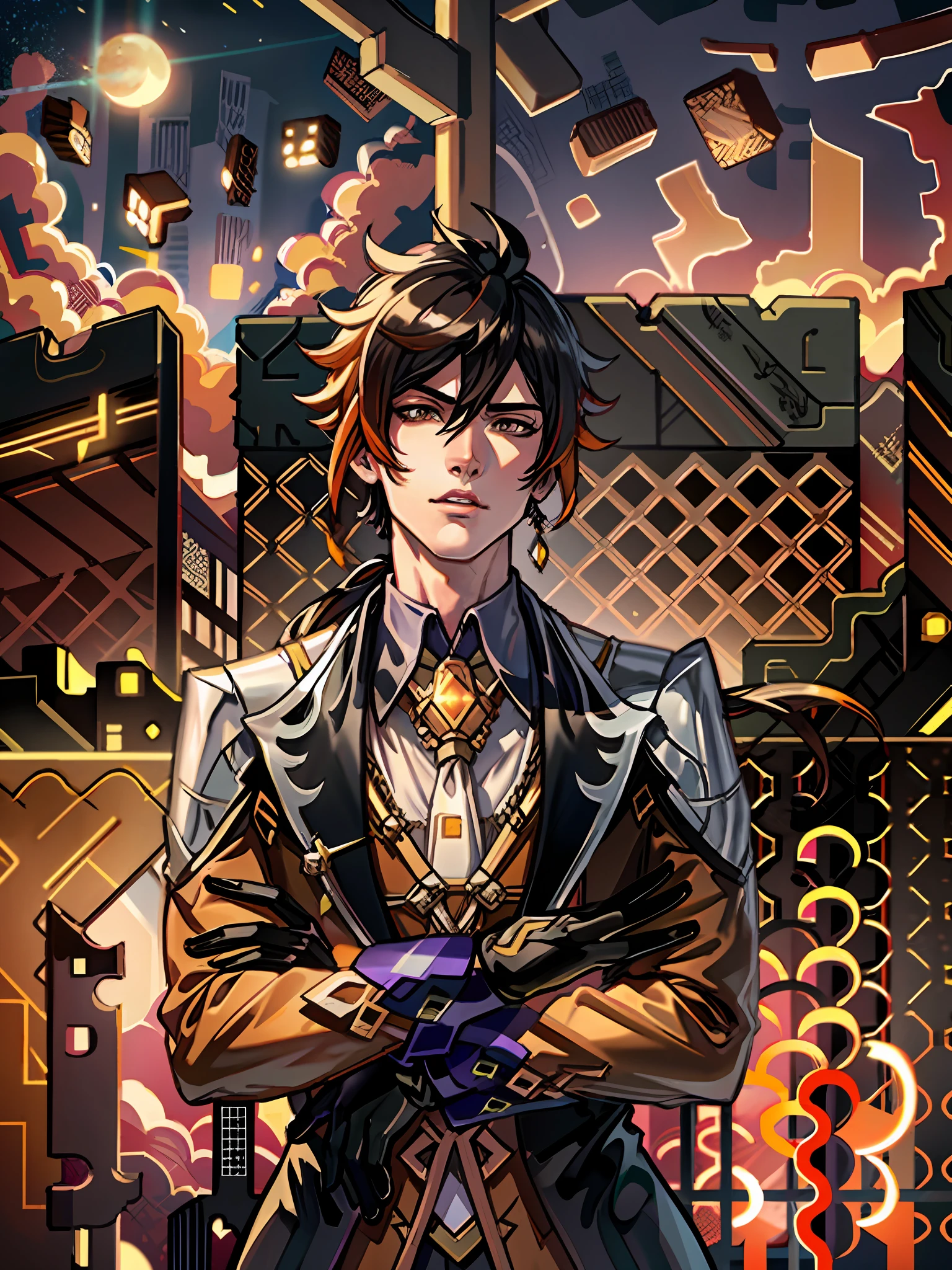 masterpiece, best quality, zhongli (genshin impact), male focus, jewelry, long hair, 1boy, solo, earrings, bangs, gloves, ponytail, black gloves, multicolored hair, brown hair, detailed hair, hair between eyes ,simple background, single earring, thumb ring, jacket, tassel earrings, long sleeves, arms crossed, alpha pose, tassel, cloud, formal, yellow, detailed eyes, floating object, clouds, godly background, dark background, gradient hair, suit, black hair, cloudy sky,(kbxll:0.6), anime style